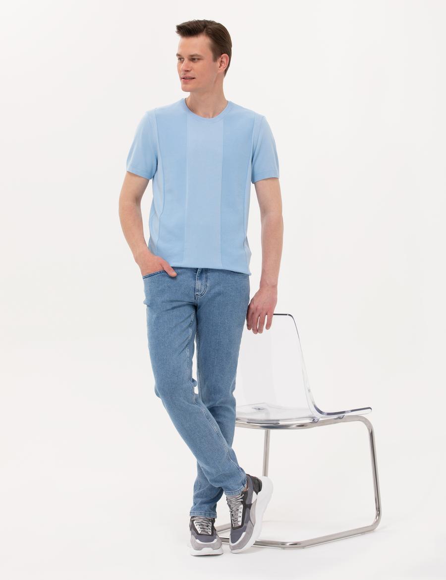 Açık Mavi Slim Fit Bisiklet Yaka Triko Tişört