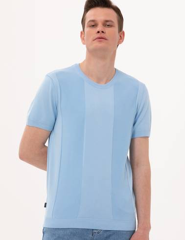 Açık Mavi Slim Fit Bisiklet Yaka Triko Tişört