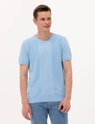 Açık Mavi Slim Fit Bisiklet Yaka Triko Tişört