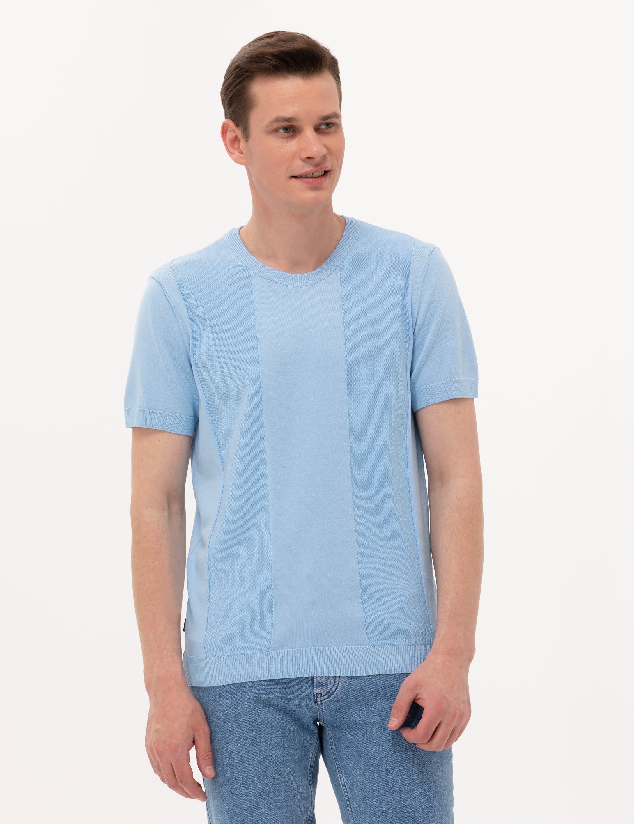 Açık Mavi Slim Fit Bisiklet Yaka Triko Tişört - Image 2
