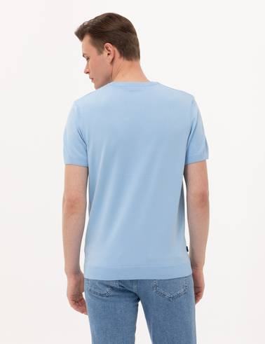 Açık Mavi Slim Fit Bisiklet Yaka Triko Tişört