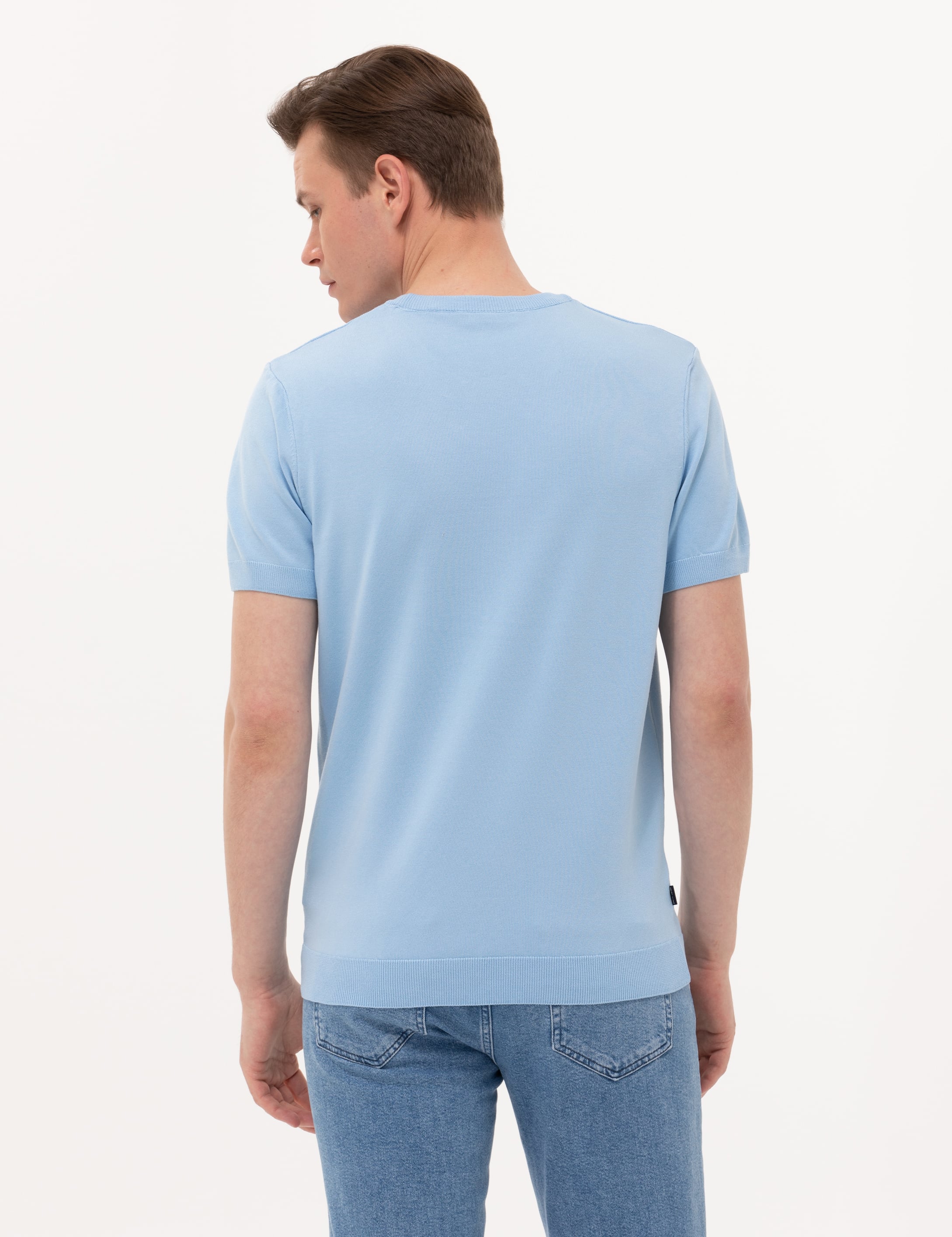 Açık Mavi Slim Fit Bisiklet Yaka Triko Tişört