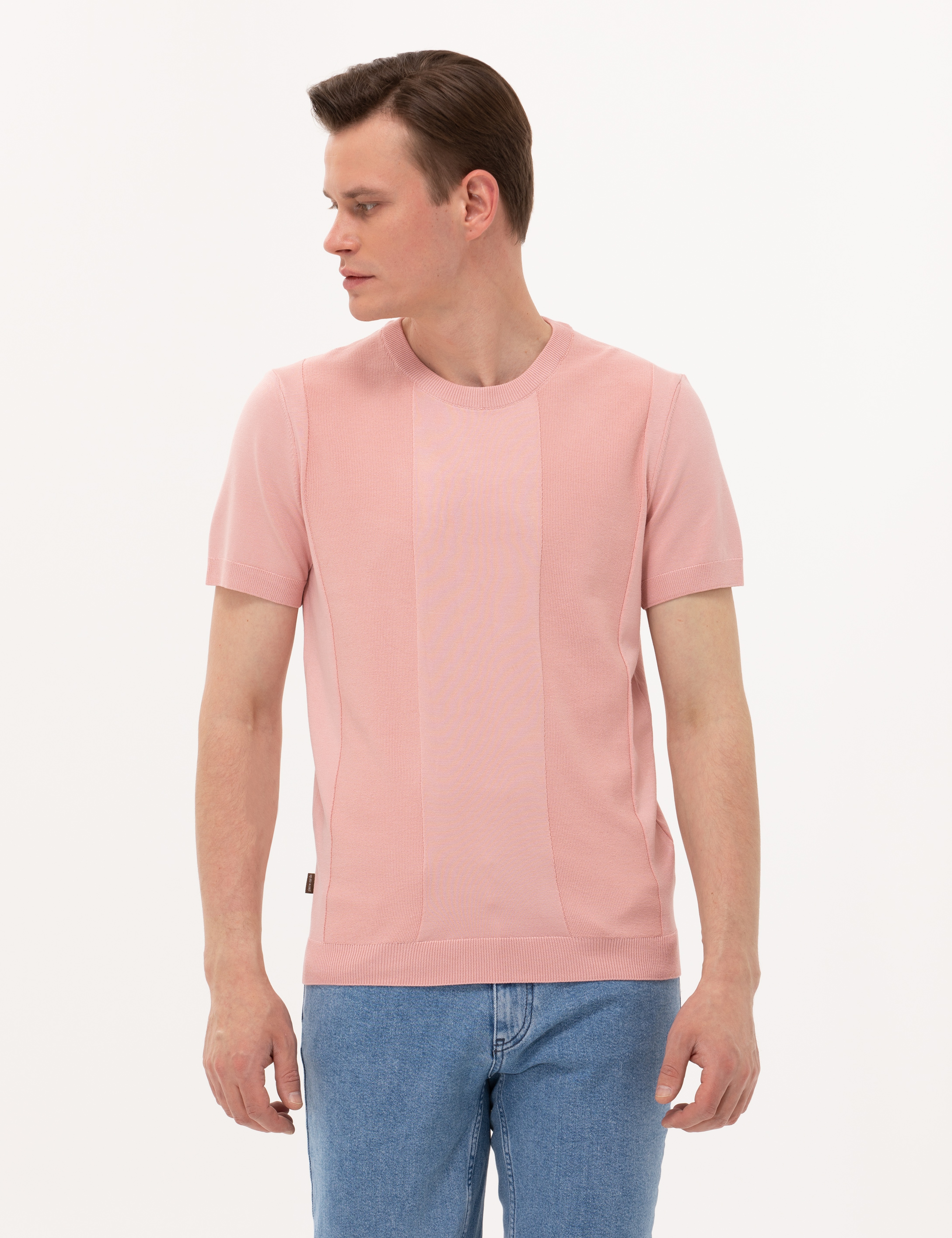 Pembe Slim Fit Bisiklet Yaka Triko Tişört - Image 2