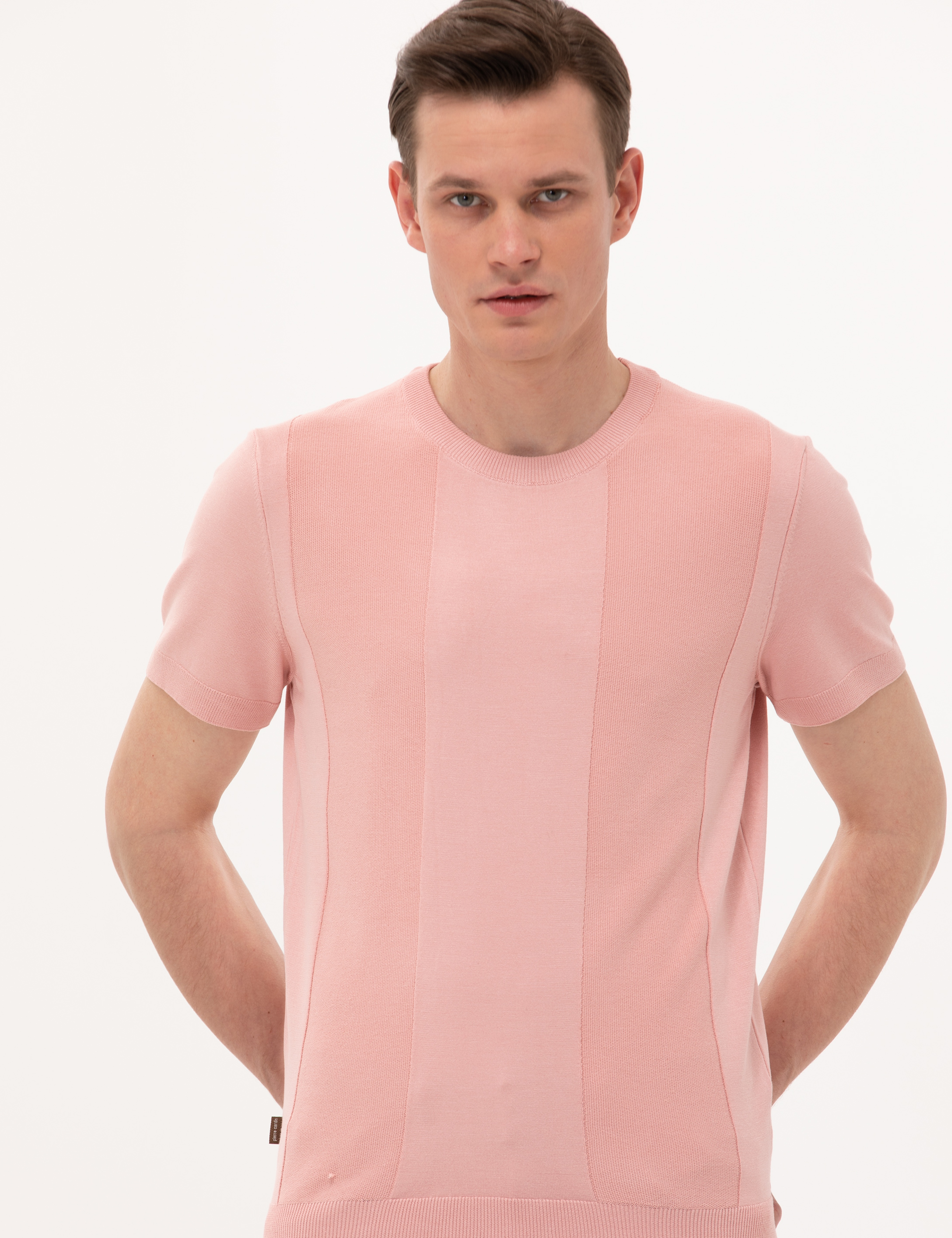 Pembe Slim Fit Bisiklet Yaka Triko Tişört - Image 4