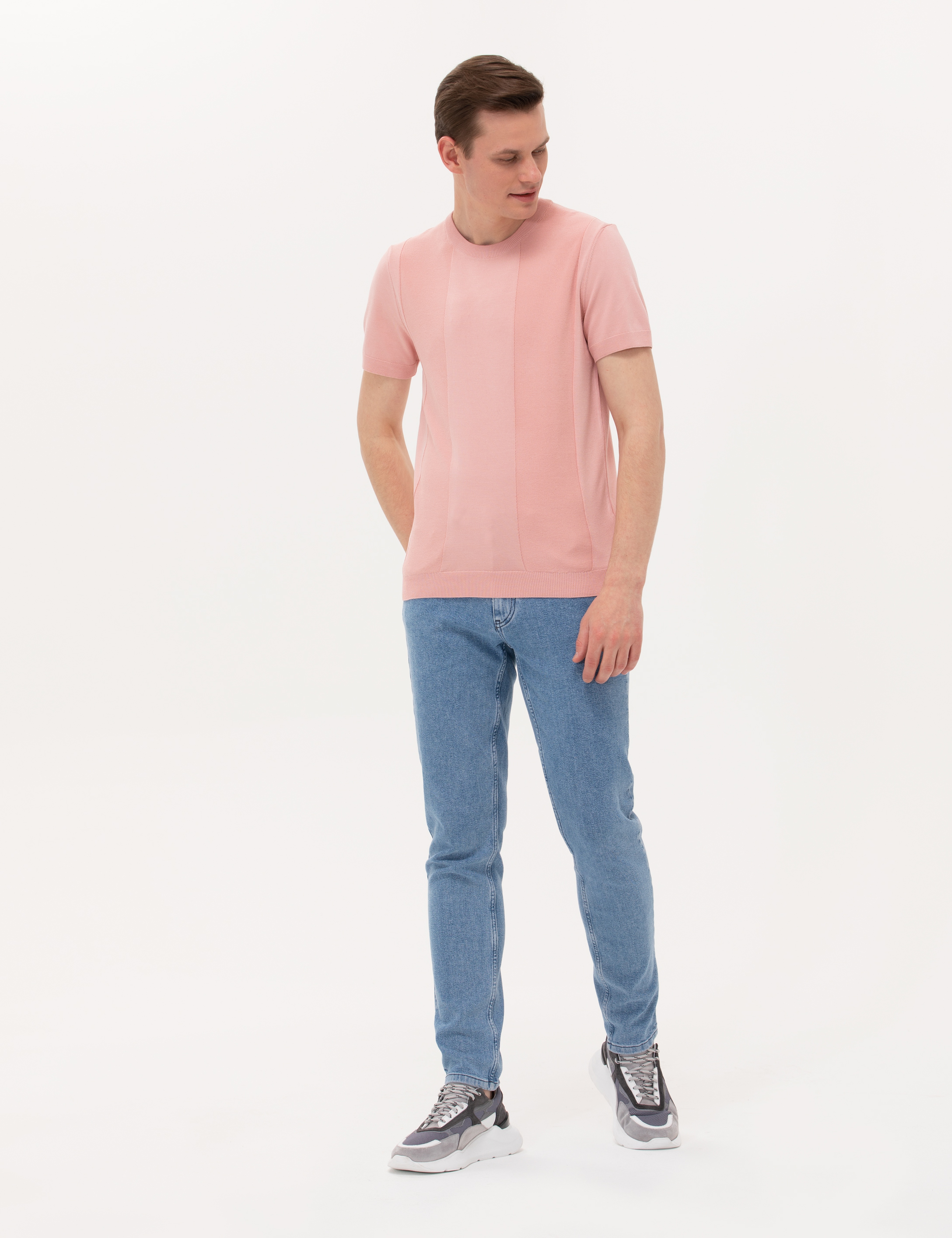 Pembe Slim Fit Bisiklet Yaka Triko Tişört - Image 3