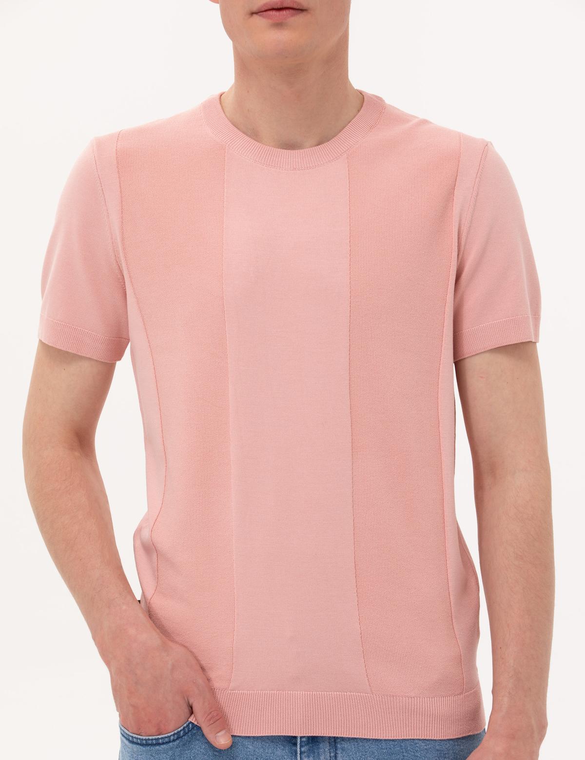 Pembe Slim Fit Bisiklet Yaka Triko Tişört - 50268283041