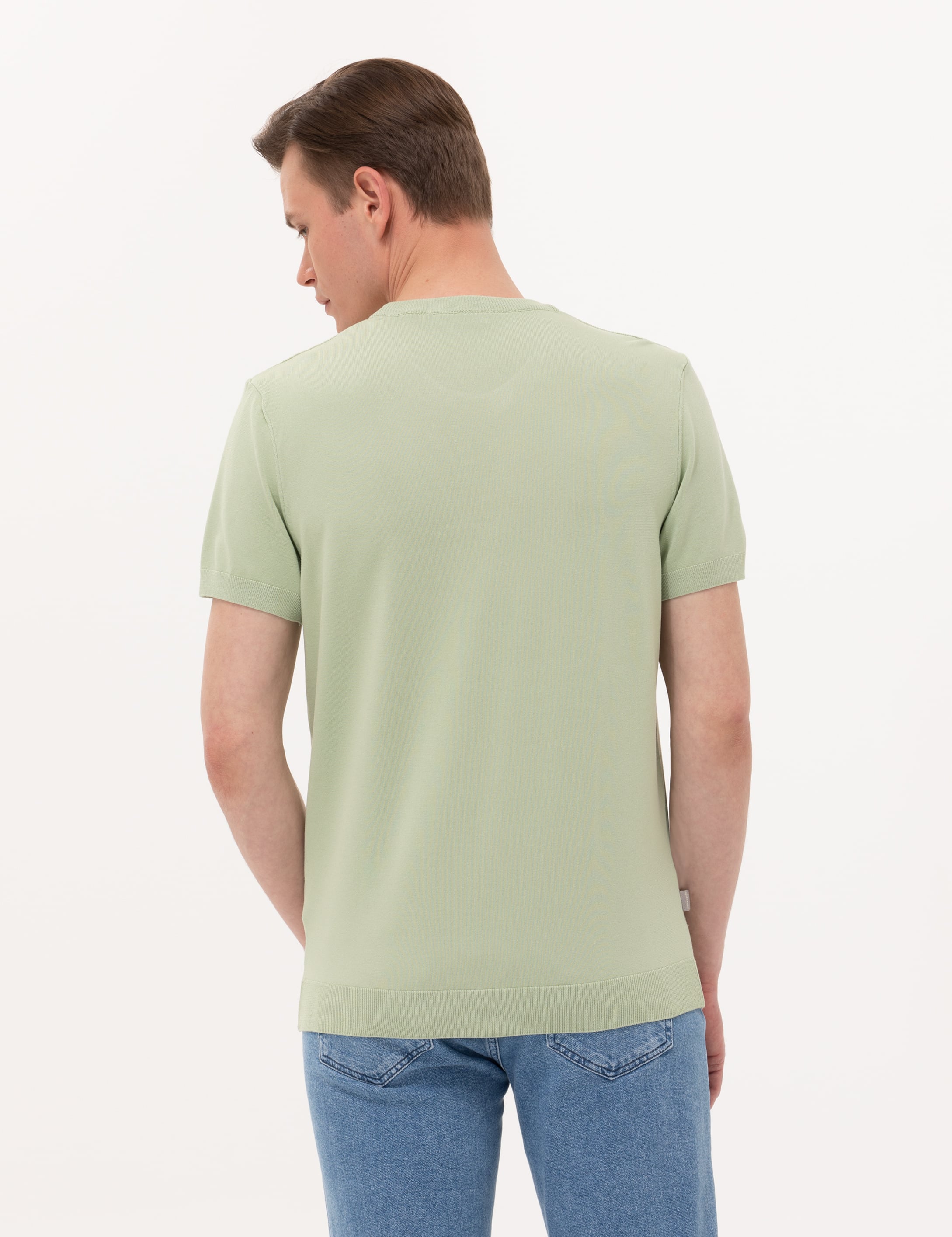 Su Yeşili Slim Fit Bisiklet Yaka Triko Tişört - Image 5