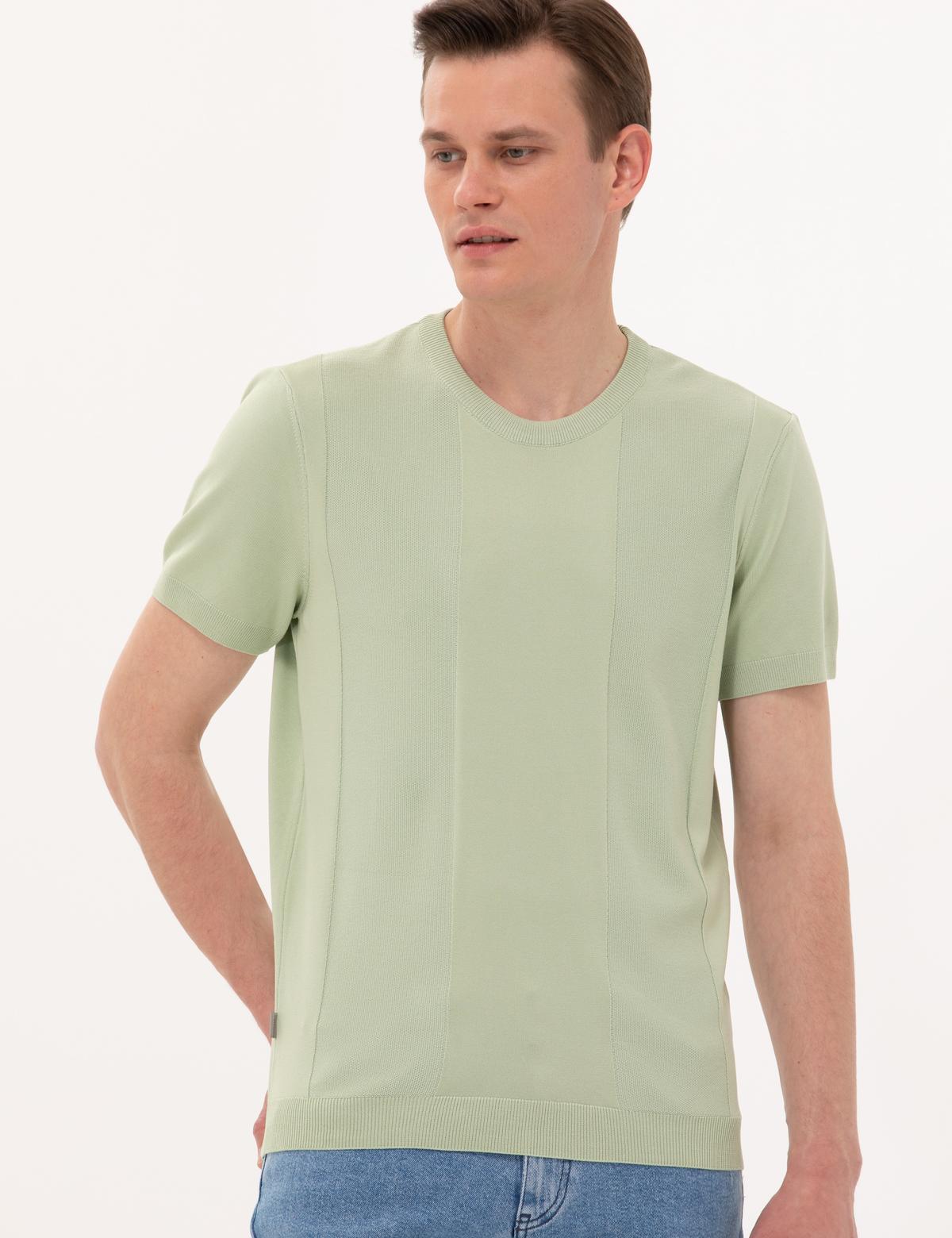 Su Yeşili Slim Fit Bisiklet Yaka Triko Tişört - 50268283058