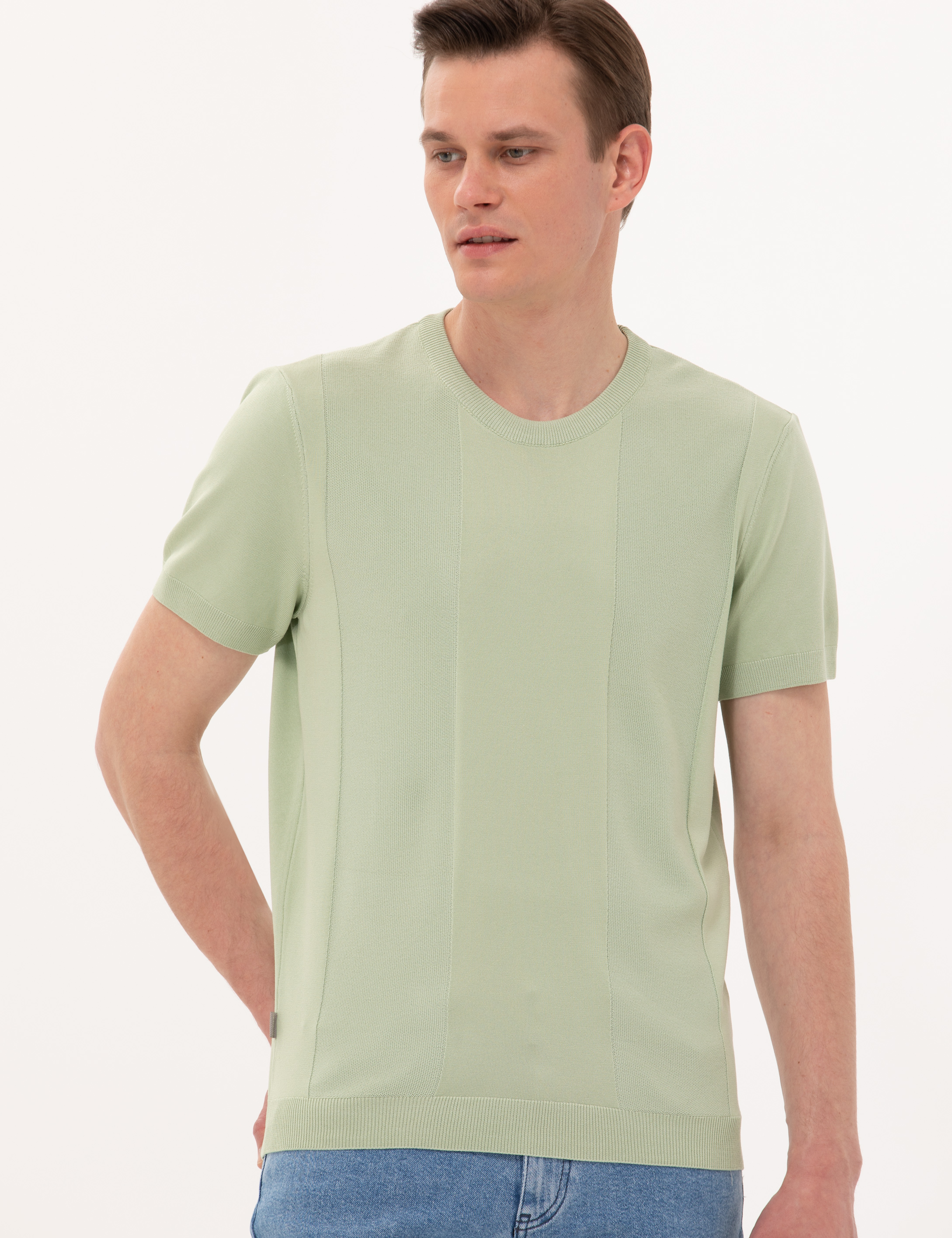 Su Yeşili Slim Fit Bisiklet Yaka Triko Tişört - Image 4