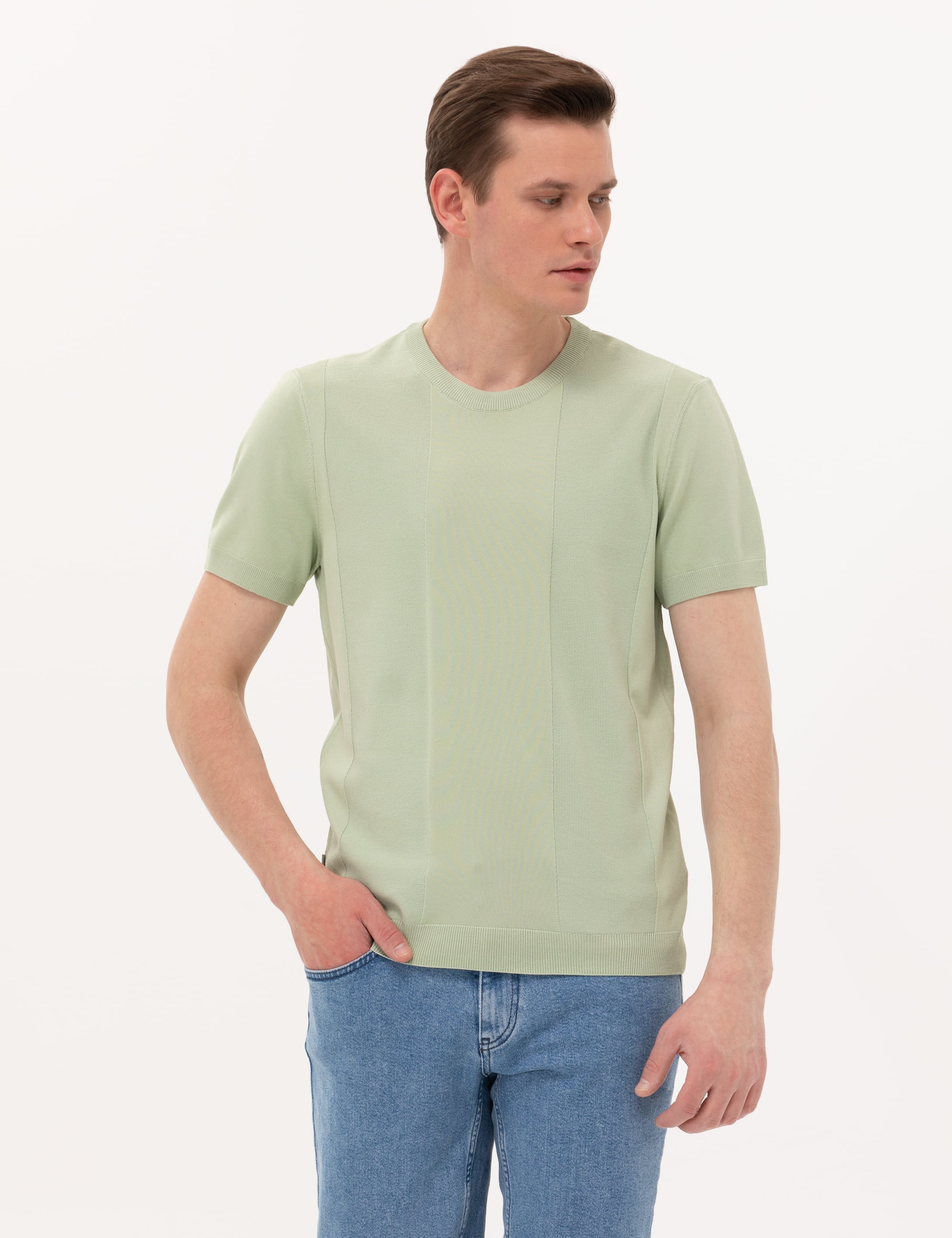 Su Yeşili Slim Fit Bisiklet Yaka Triko Tişört - Image 1