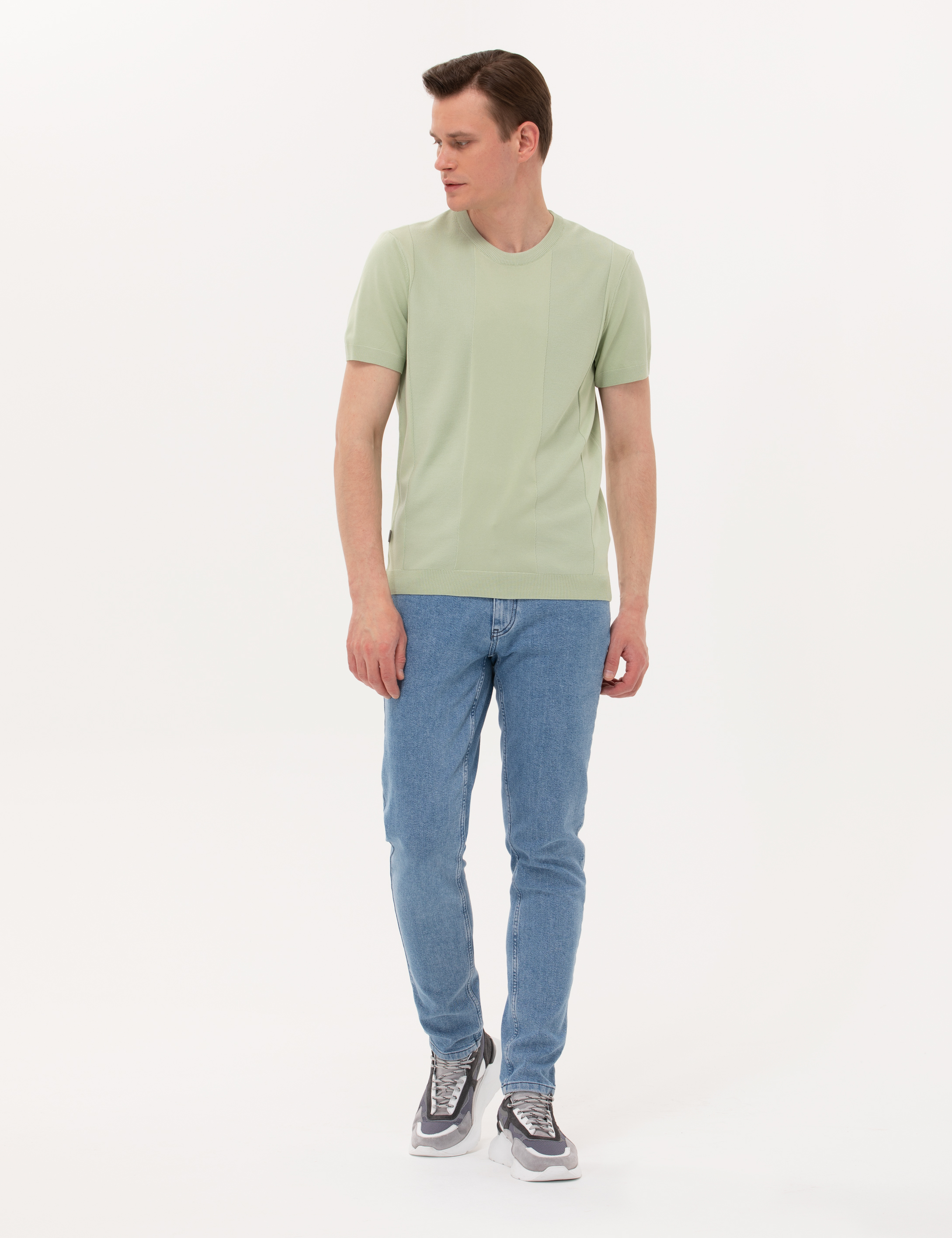 Su Yeşili Slim Fit Bisiklet Yaka Triko Tişört - Image 3