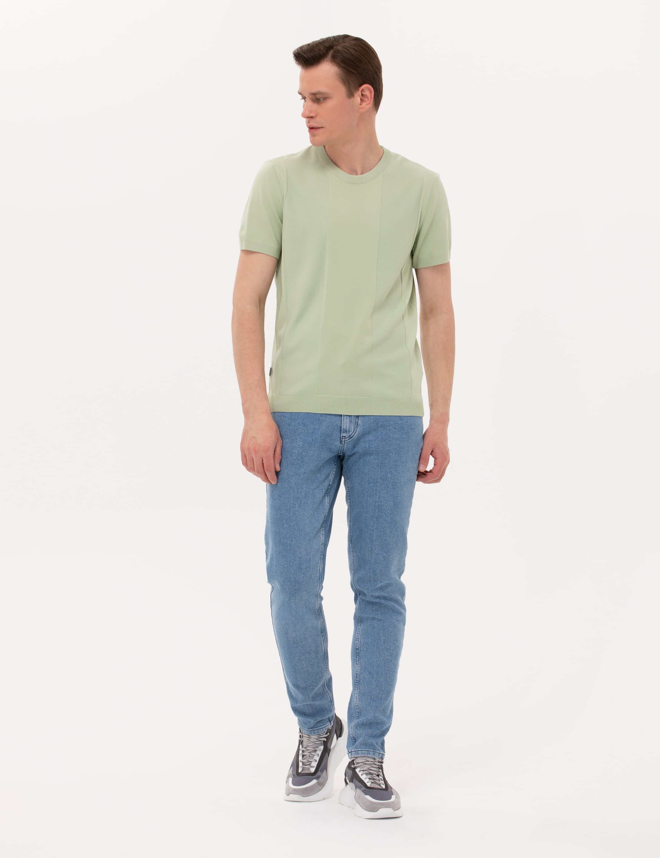 Su Yeşili Slim Fit Bisiklet Yaka Triko Tişört