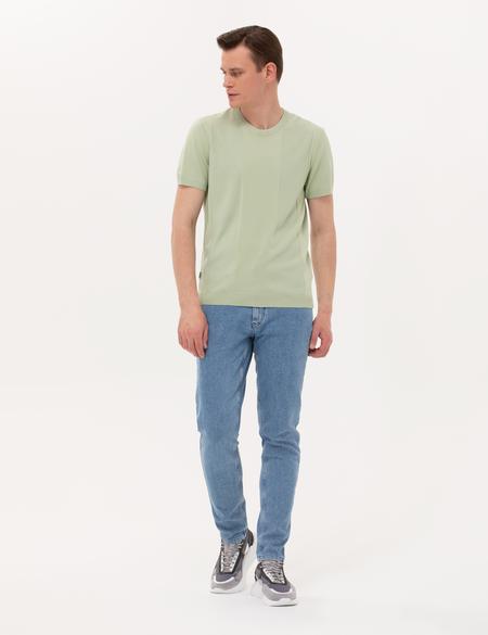 Su Yeşili Slim Fit Bisiklet Yaka Triko Tişört - 50268283058