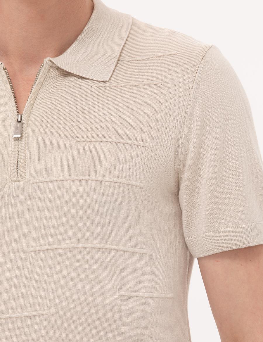 Bej Slim Fit Fermuarlı Polo Yaka Triko Tişört