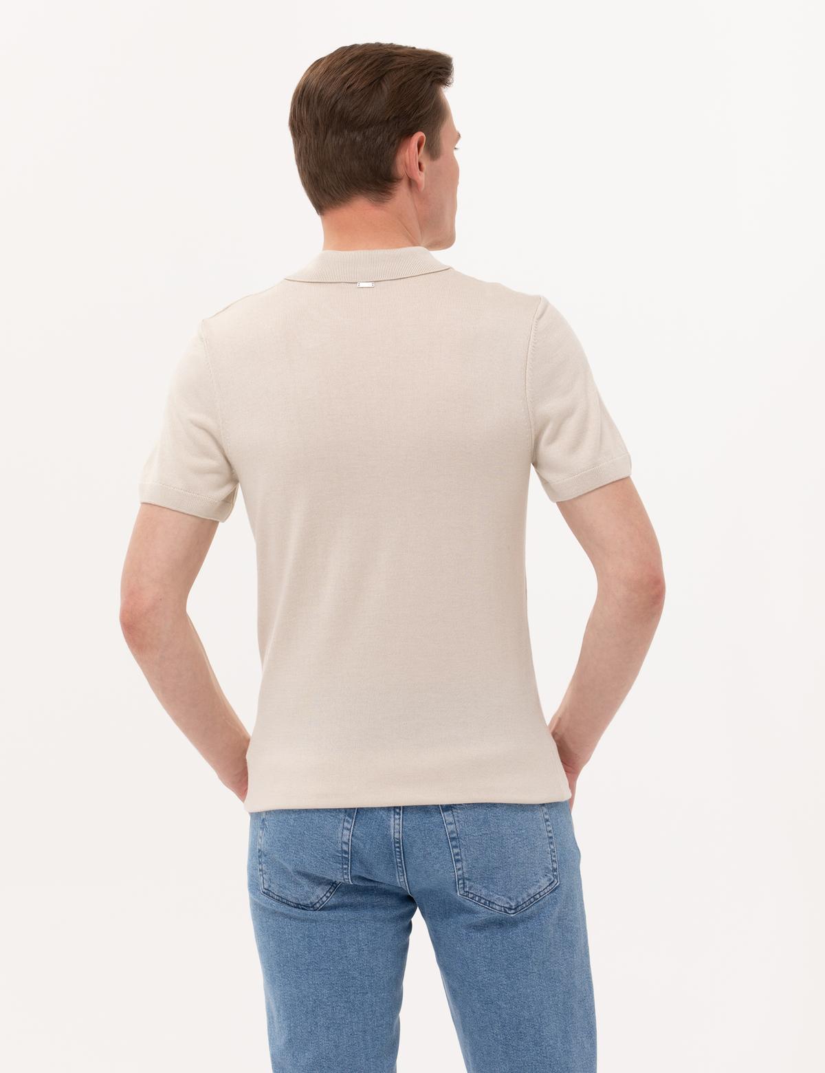 Bej Slim Fit Fermuarlı Polo Yaka Triko Tişört - 50268293038