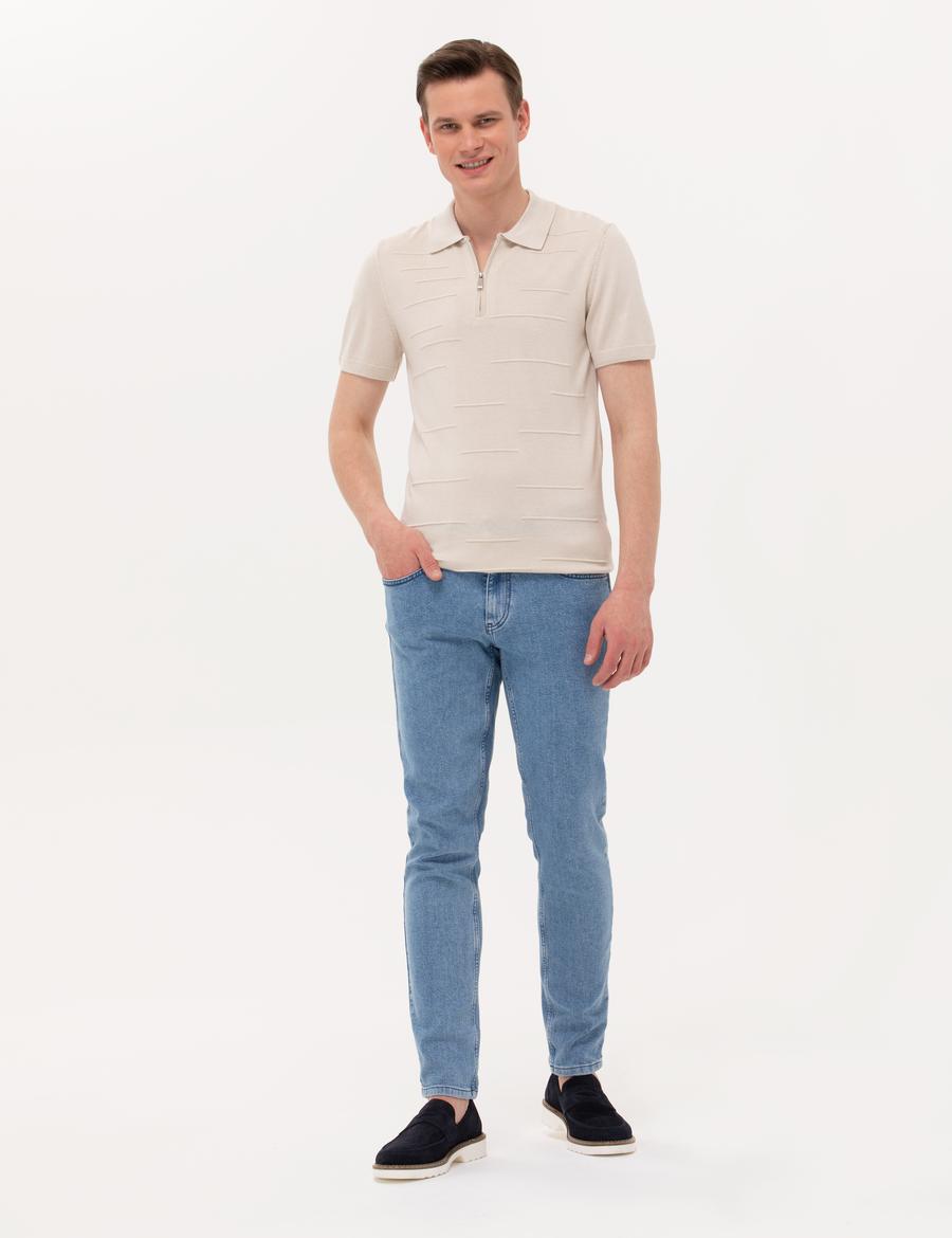 Bej Slim Fit Fermuarlı Polo Yaka Triko Tişört