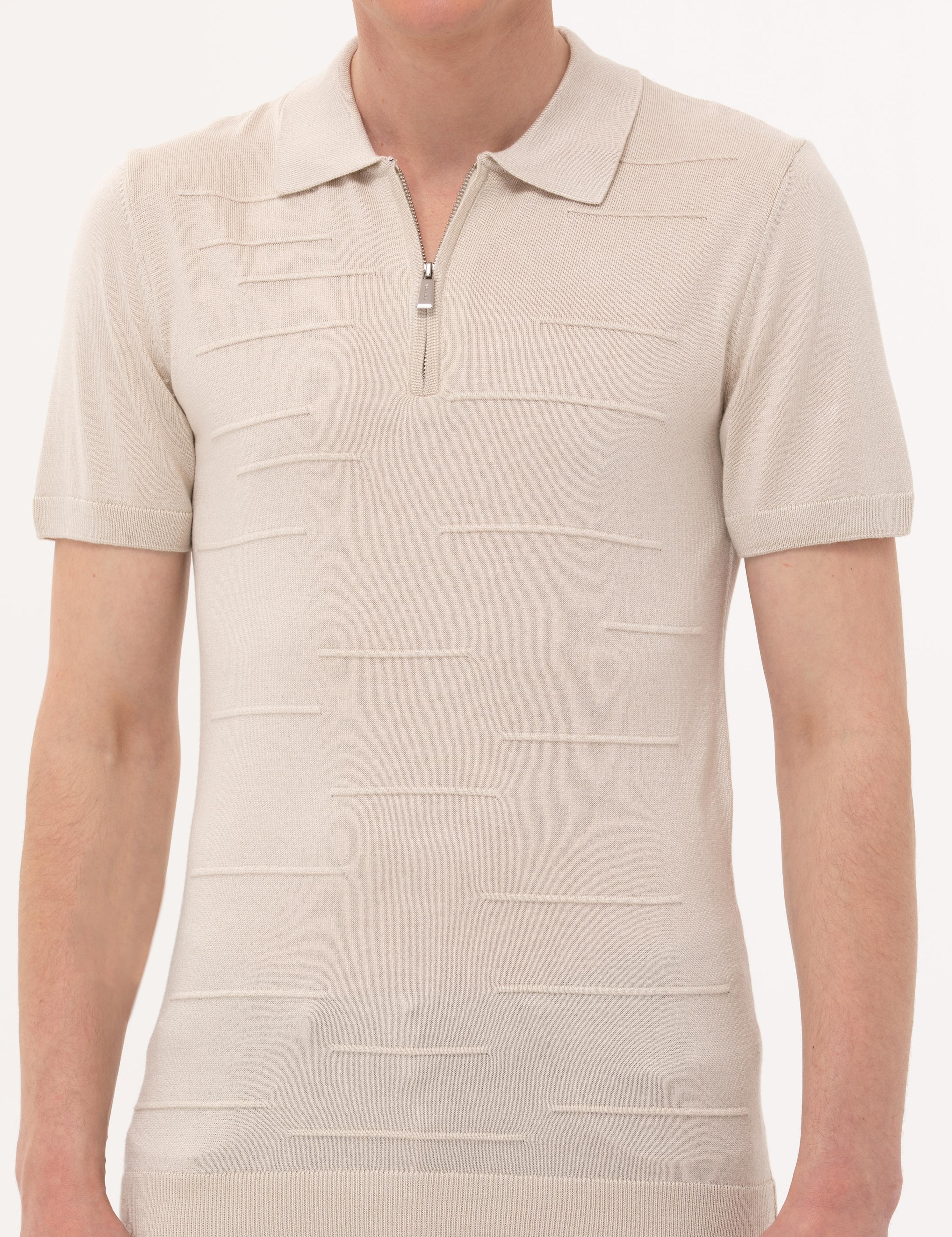 Bej Slim Fit Fermuarlı Polo Yaka Triko Tişört