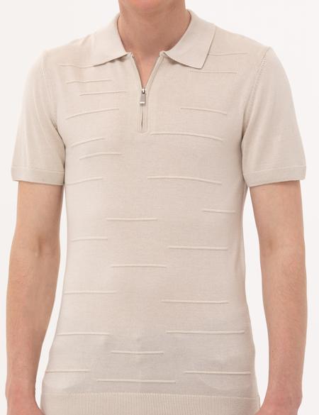 Bej Slim Fit Fermuarlı Polo Yaka Triko Tişört - 50268293038