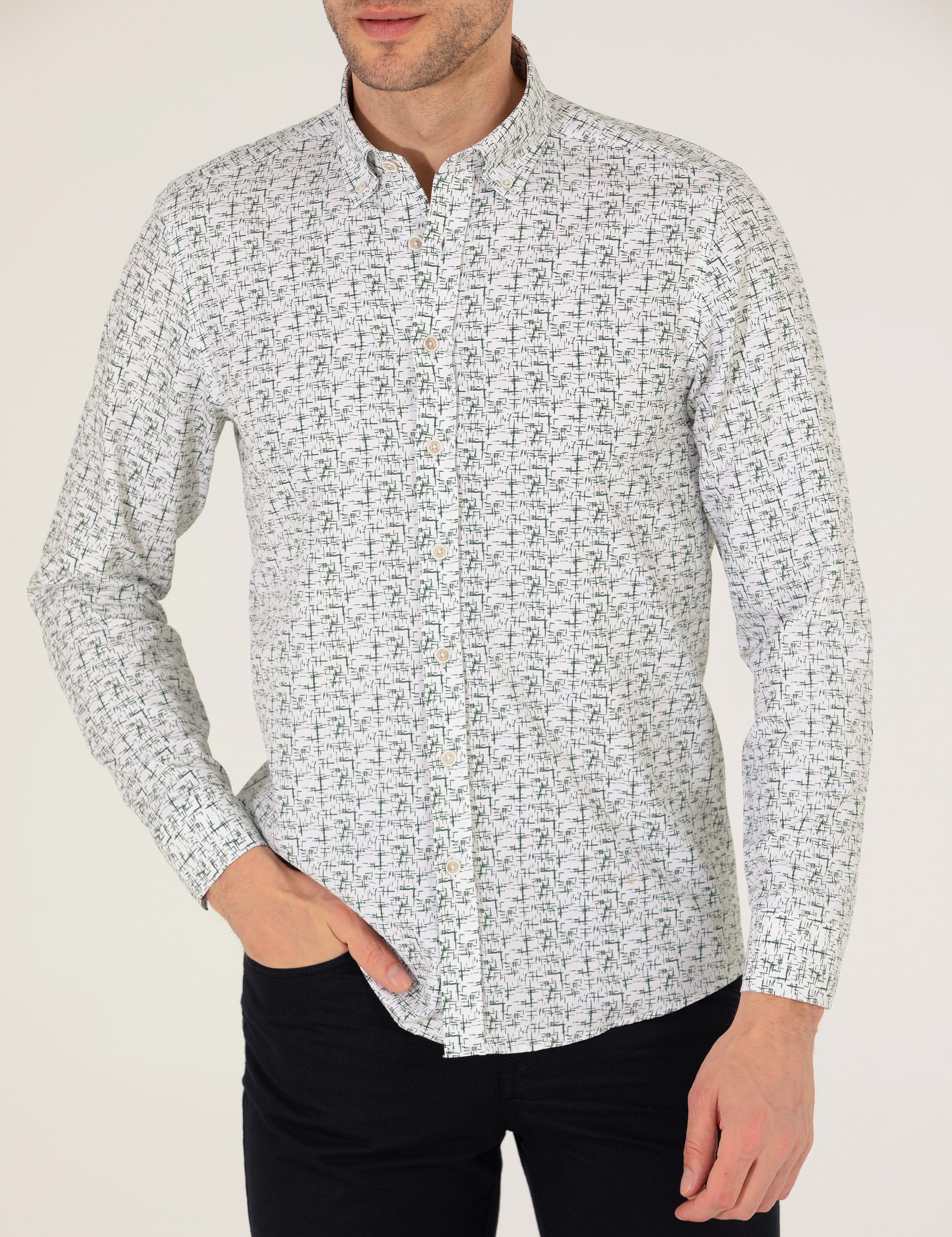 Haki Slim Fit Uzun Kollu Gömlek - Image 6