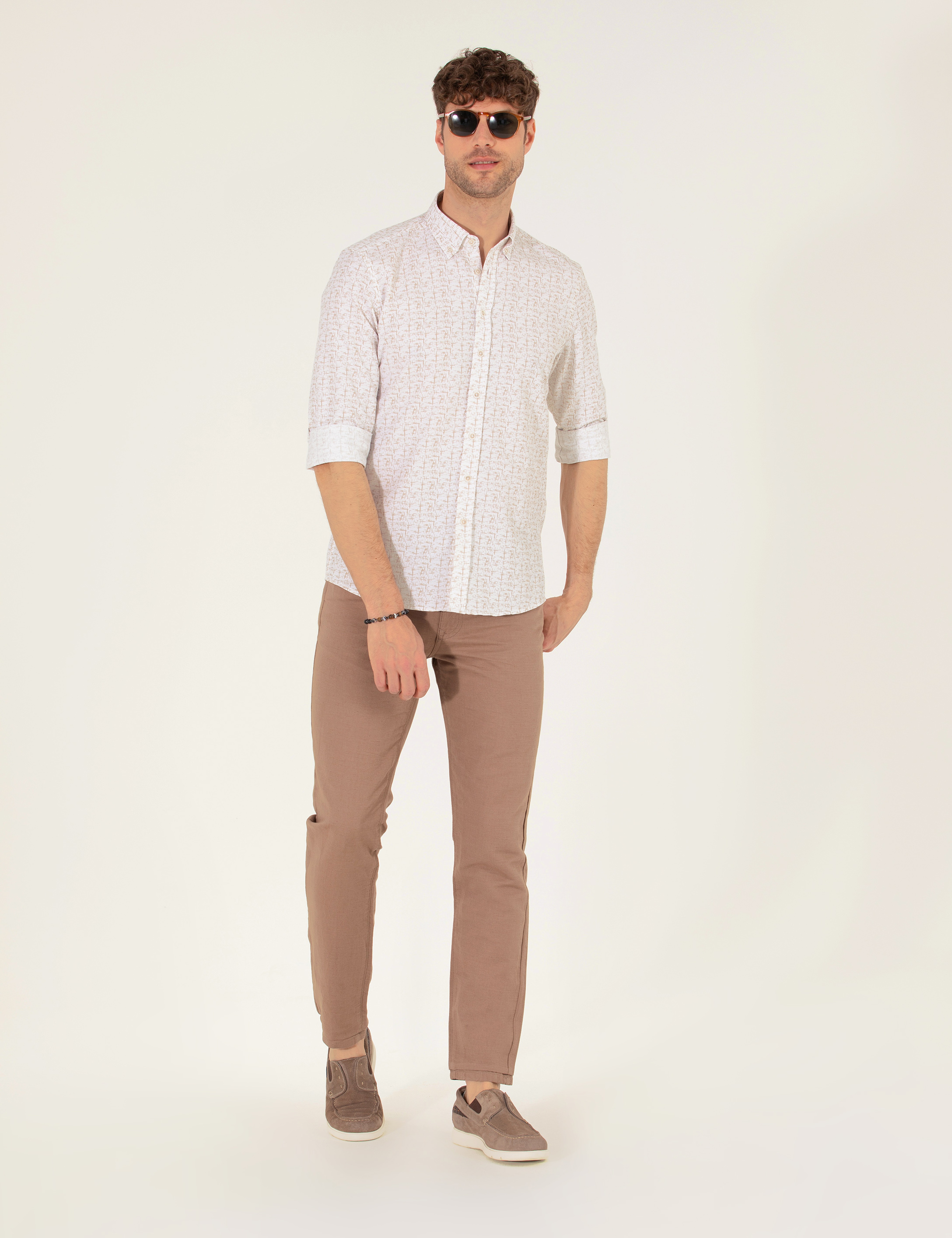 Bej Slim Fit Uzun Kollu Gömlek