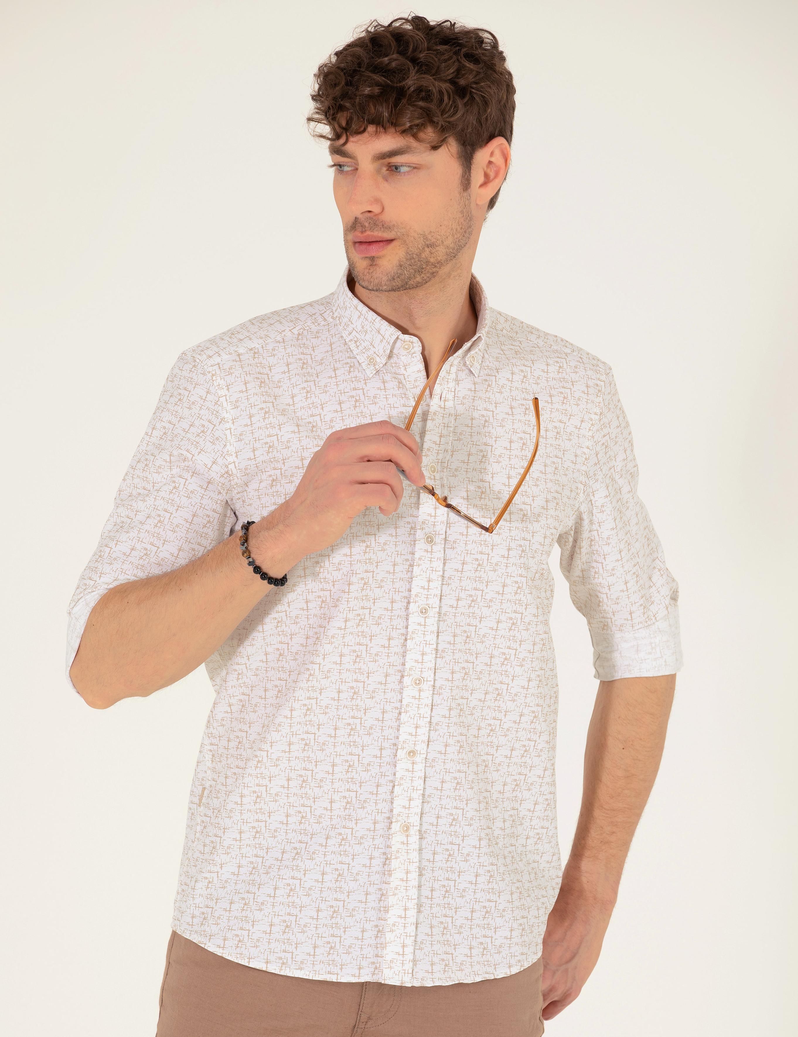 Bej Slim Fit Uzun Kollu Gömlek