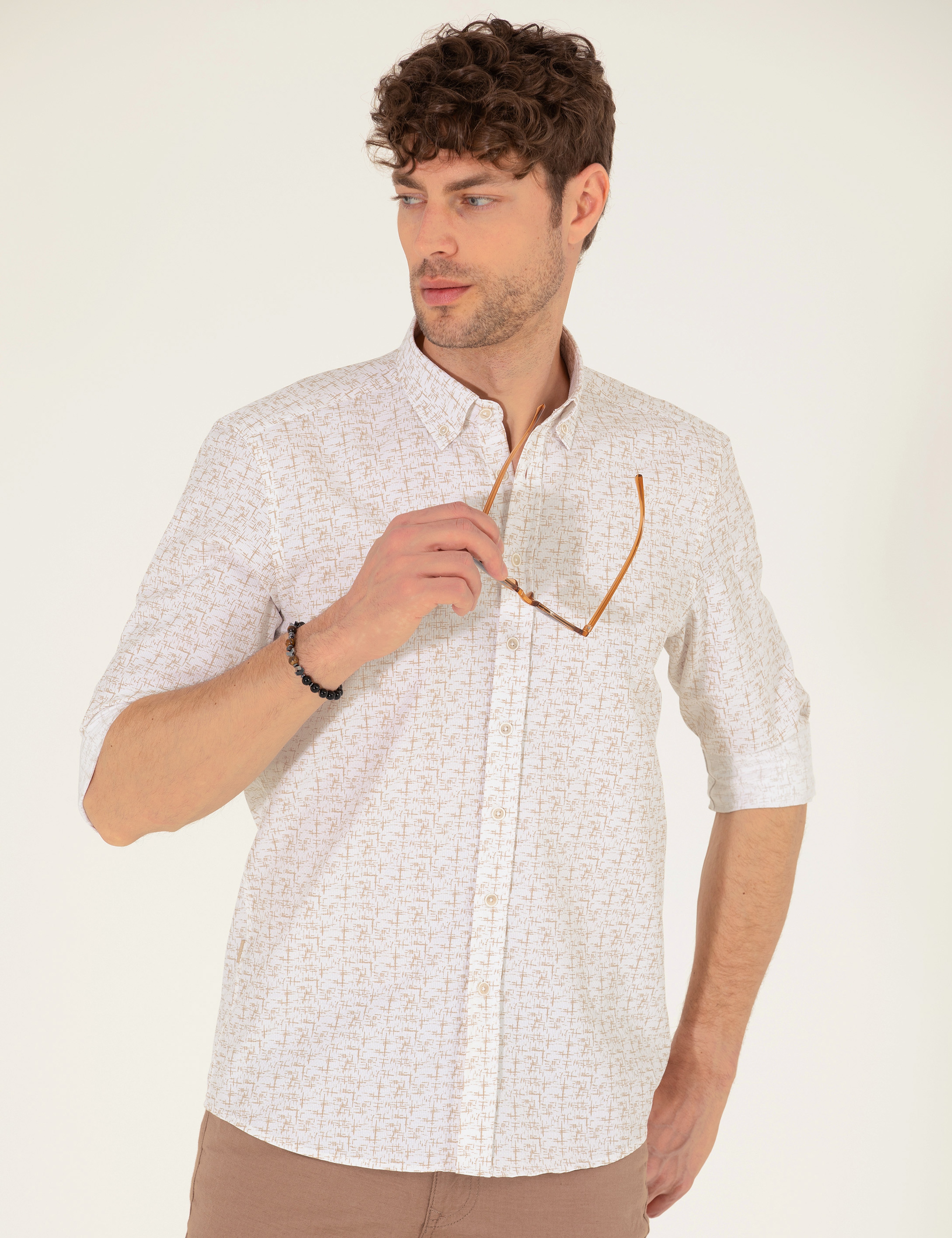 Bej Slim Fit Uzun Kollu Gömlek