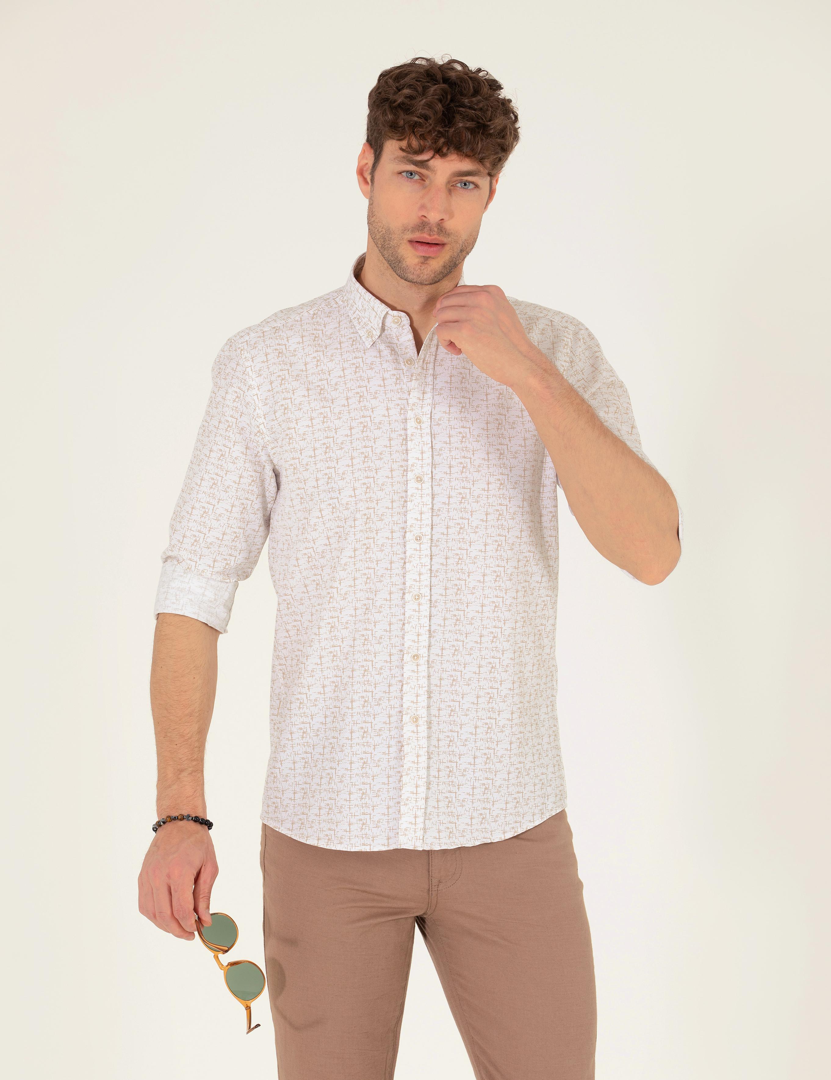 Bej Slim Fit Uzun Kollu Gömlek