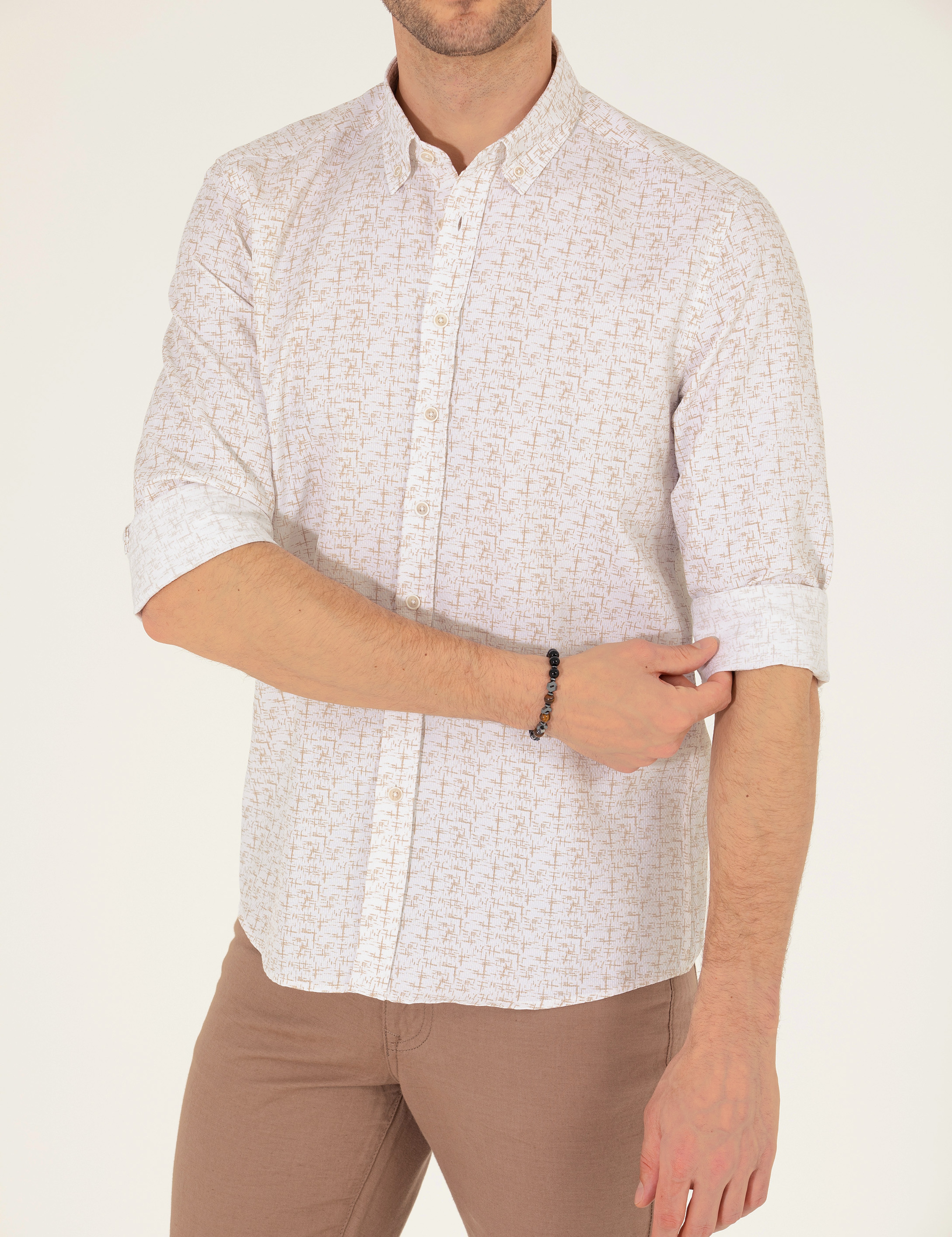 Bej Slim Fit Uzun Kollu Gömlek - Image 6