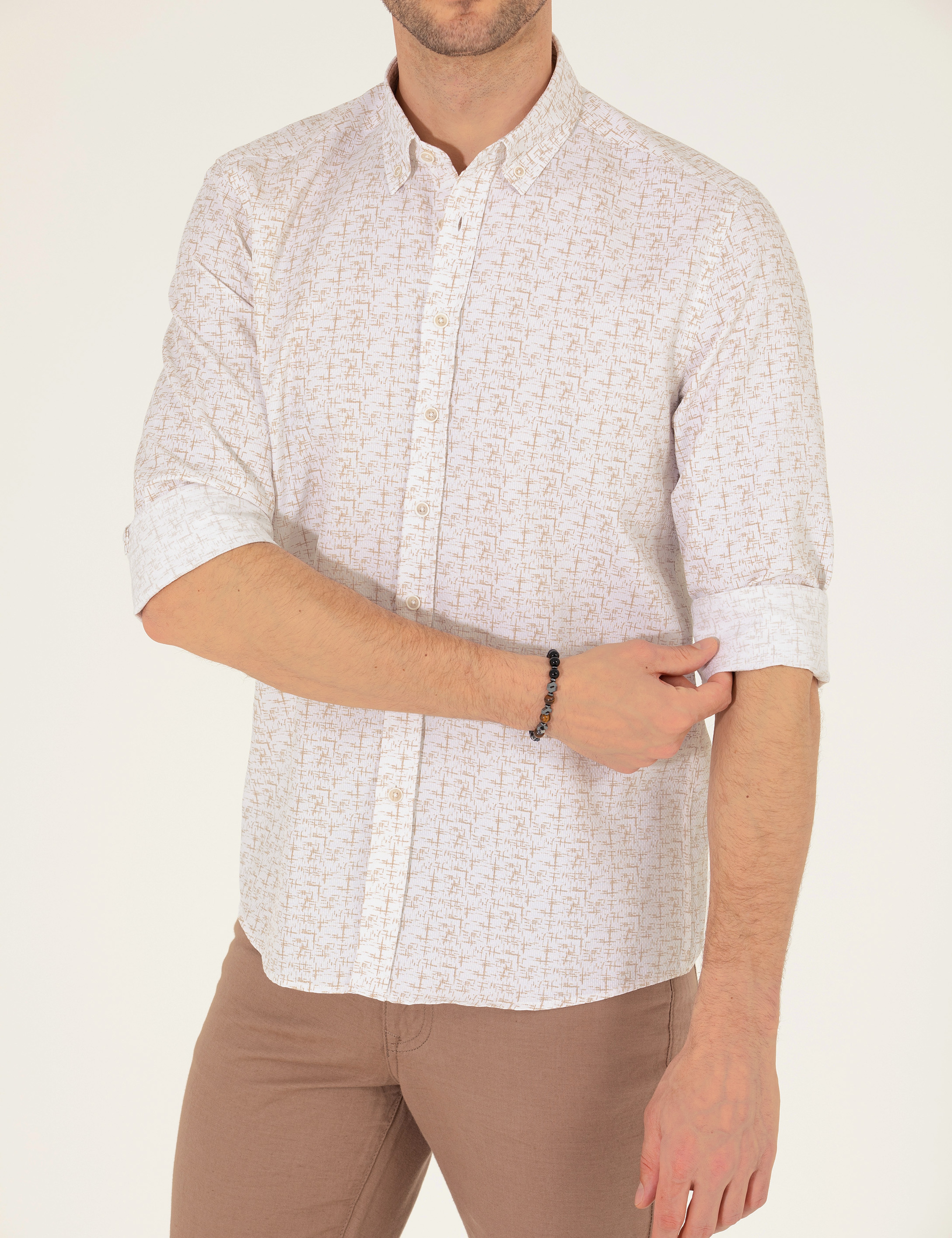 Bej Slim Fit Uzun Kollu Gömlek
