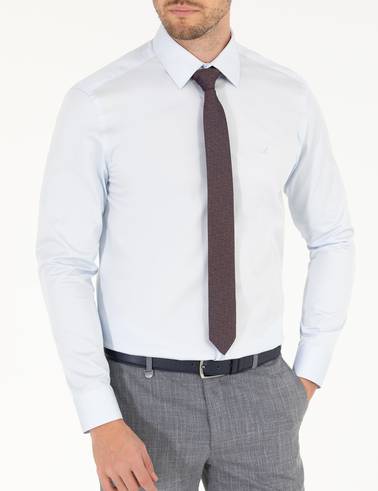 Açık Mavi %100 Pamuk Parlak Saten Slim Fit Uzun Kollu Basic Gömlek