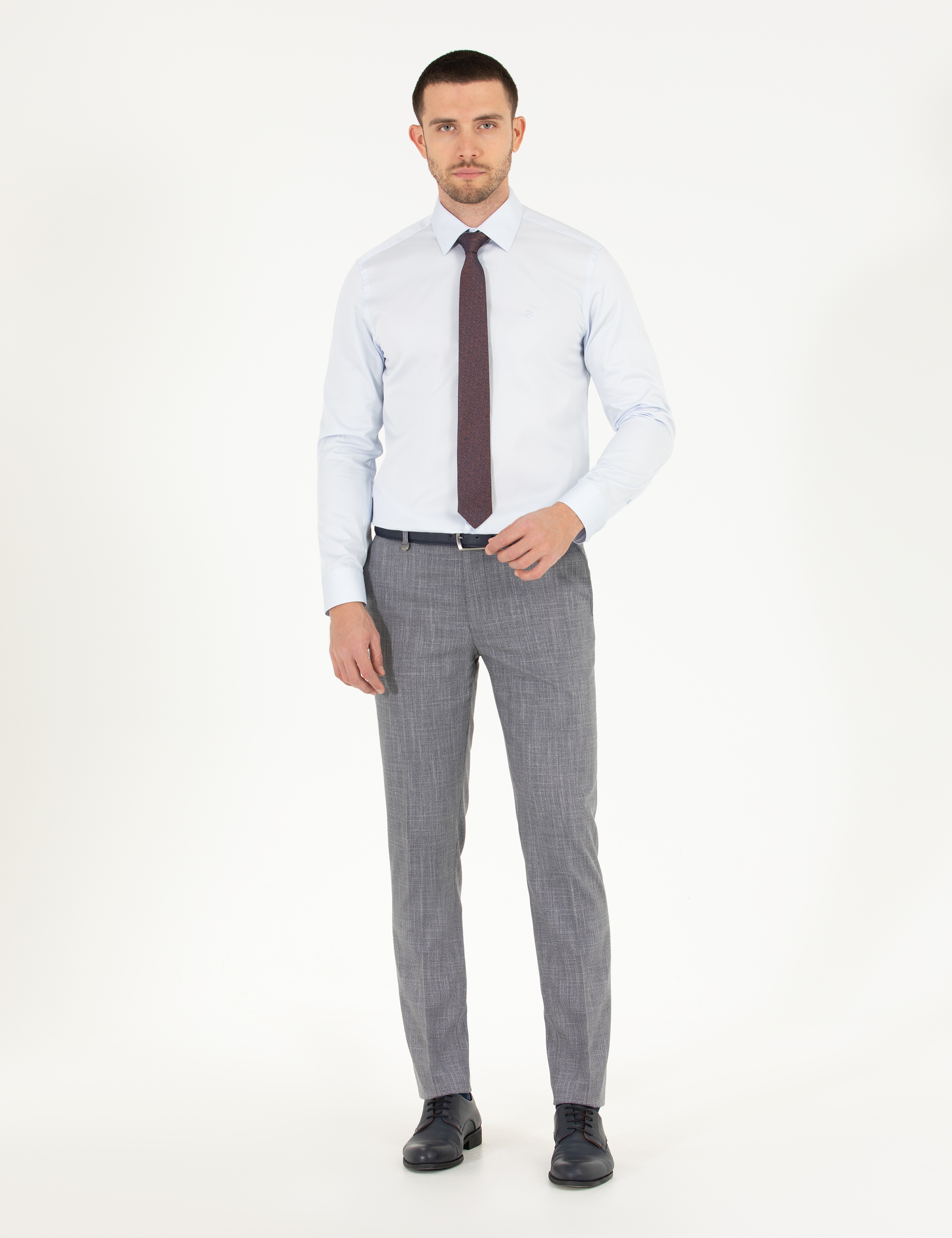 Açık Mavi %100 Pamuk Parlak Saten Slim Fit Uzun Kollu Basic Gömlek