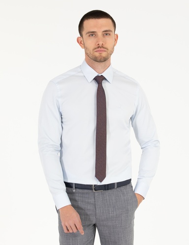 Açık Mavi %100 Pamuk Parlak Saten Slim Fit Uzun Kollu Basic Gömlek