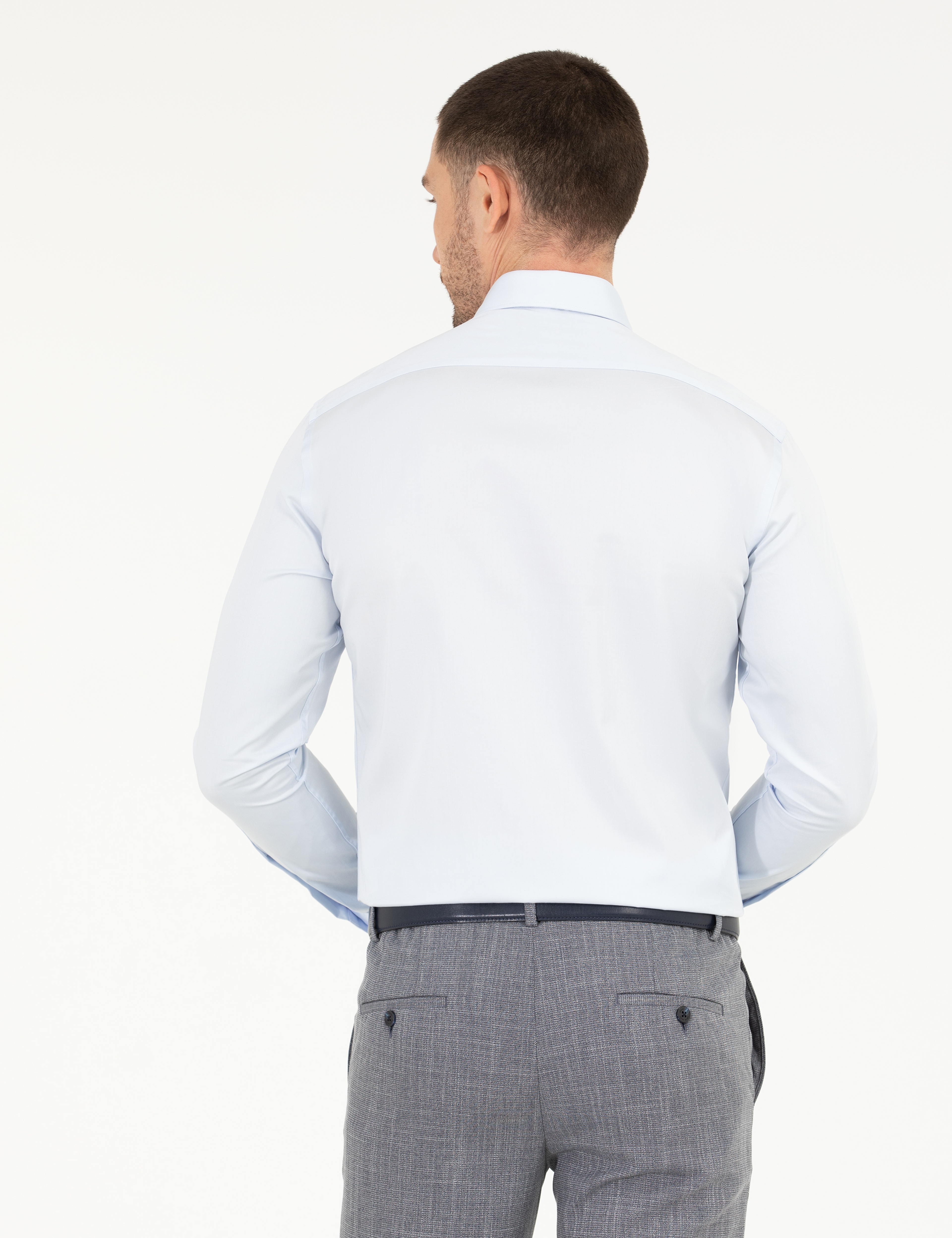 Açık Mavi %100 Pamuk Parlak Saten Slim Fit Uzun Kollu Basic Gömlek - Image 5