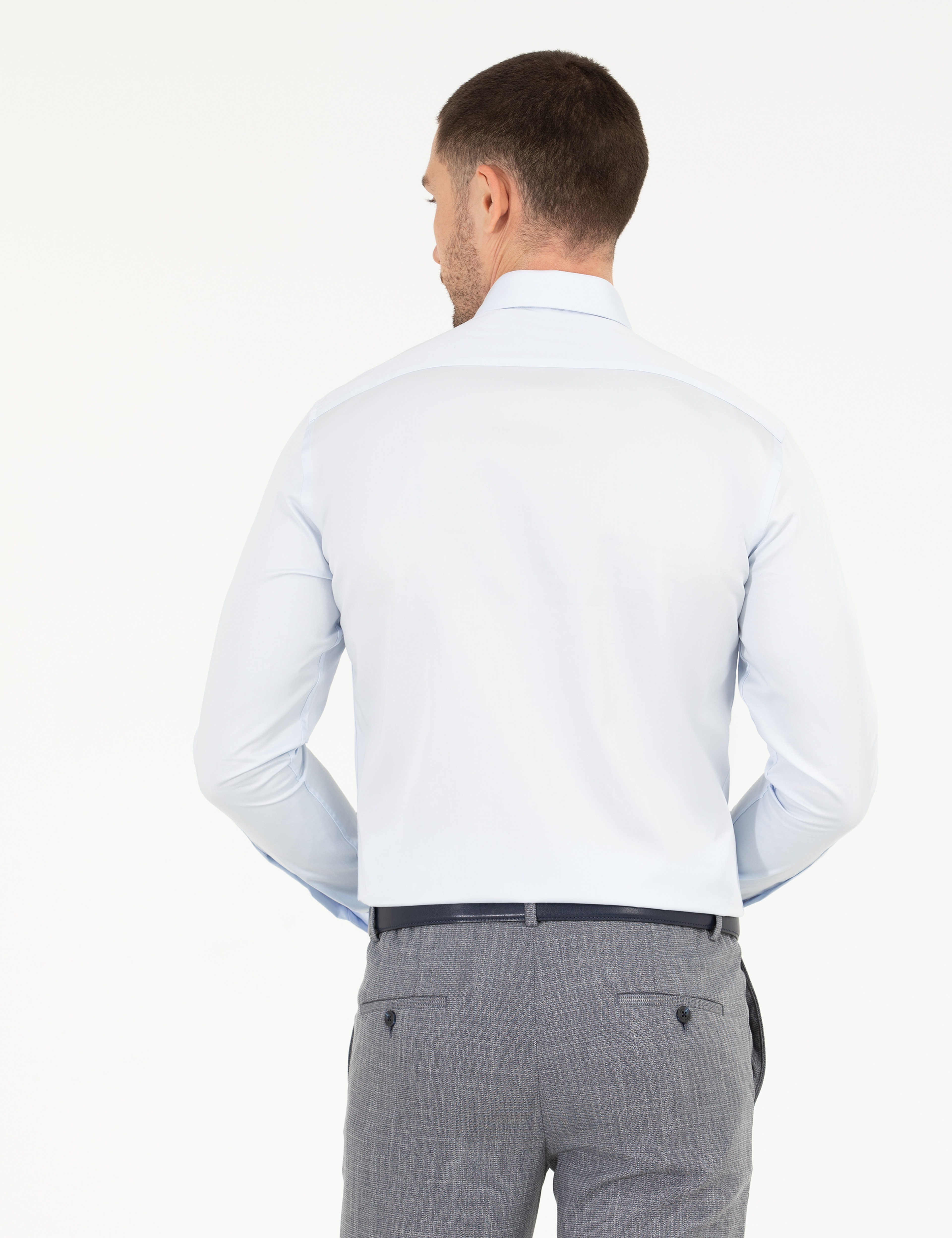 Açık Mavi %100 Pamuk Parlak Saten Slim Fit Uzun Kollu Basic Gömlek