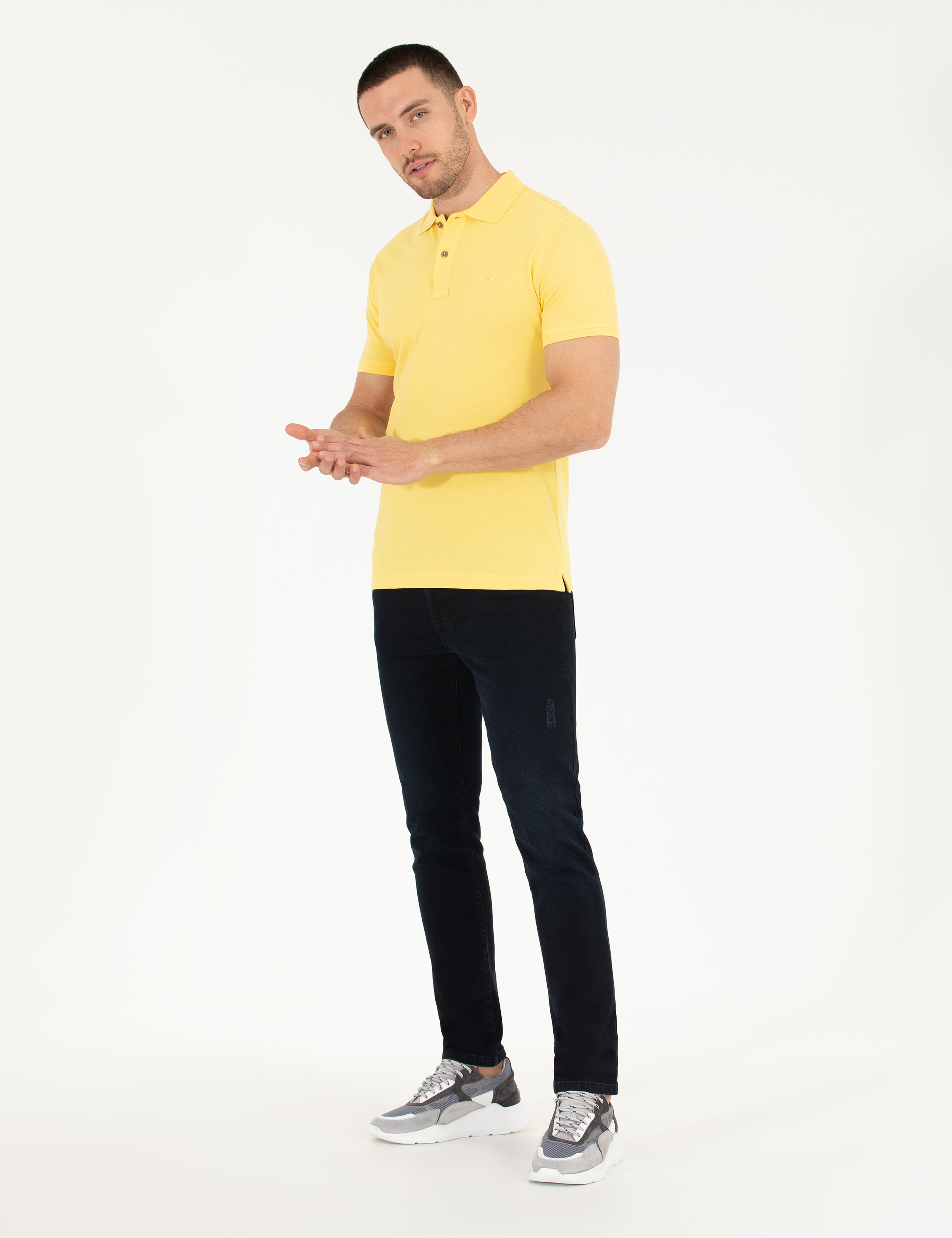 Açık Sarı Slim Fit %100 Pamuk Polo Yaka Basic Tişört - Image 4