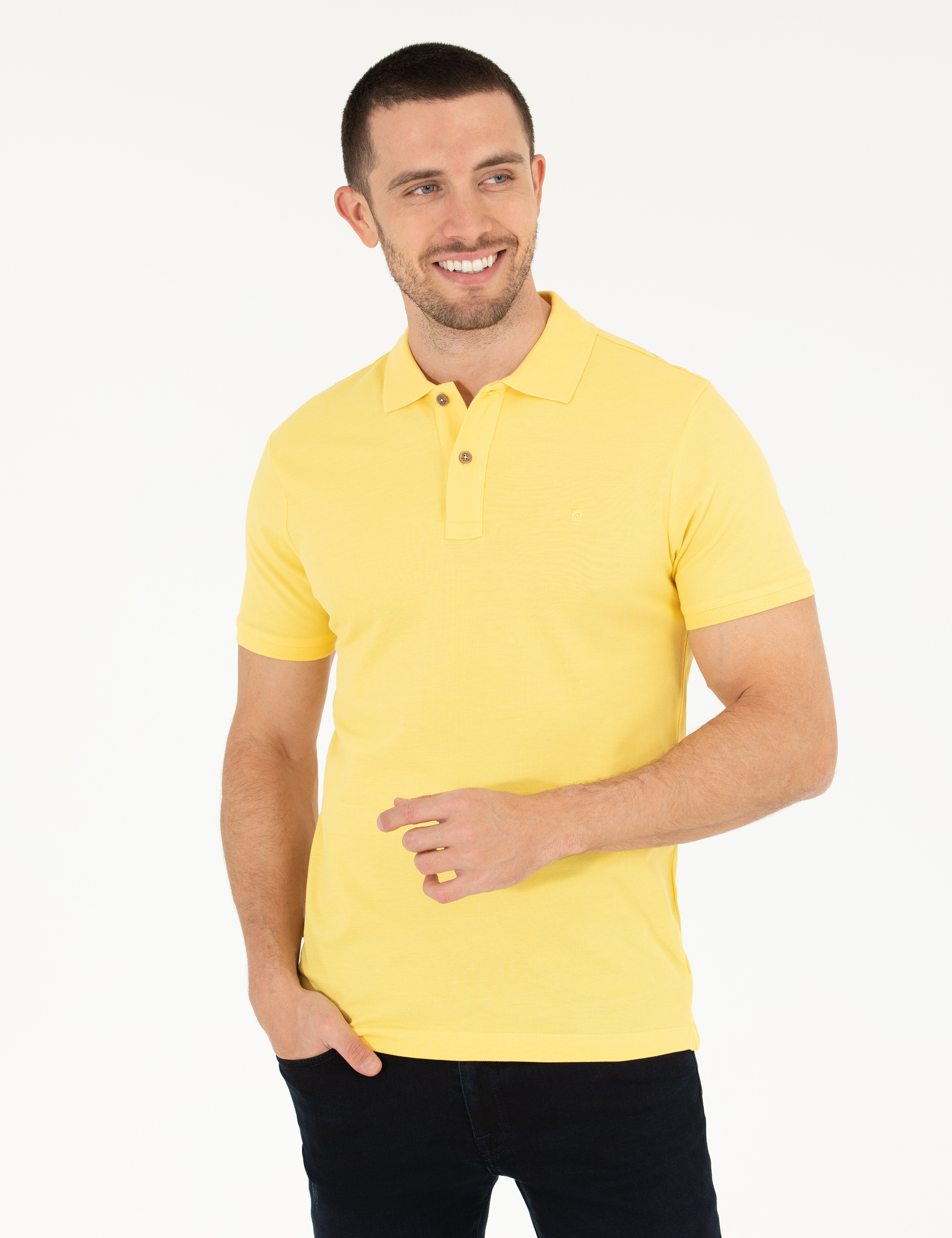 Açık Sarı Slim Fit %100 Pamuk Polo Yaka Basic Tişört