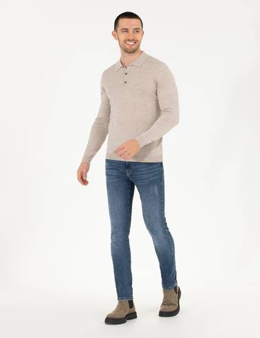 Taş Slim Fit Polo Yaka Yün Karışımlı Basic Triko Kazak