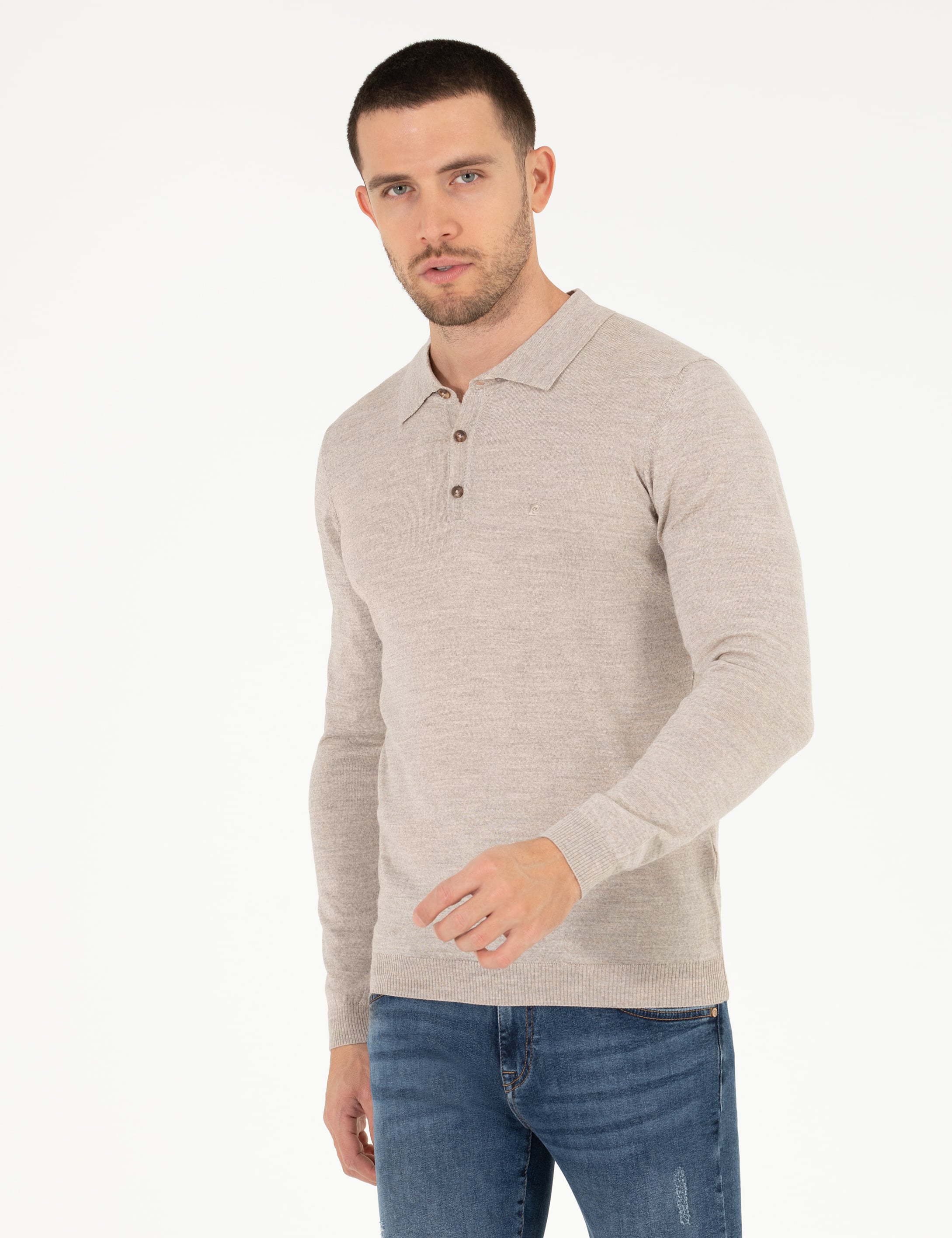 Taş Slim Fit Polo Yaka Yün Karışımlı Basic Triko Kazak - Image 1