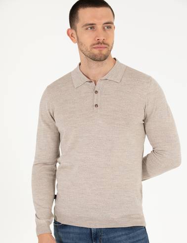 Taş Slim Fit Polo Yaka Yün Karışımlı Basic Triko Kazak