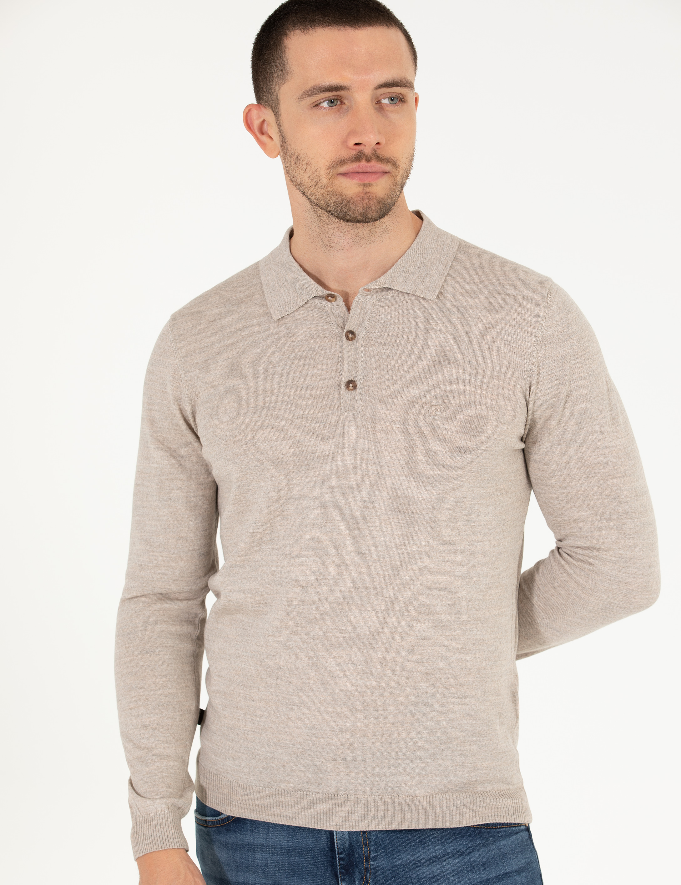Taş Slim Fit Polo Yaka Yün Karışımlı Basic Triko Kazak
