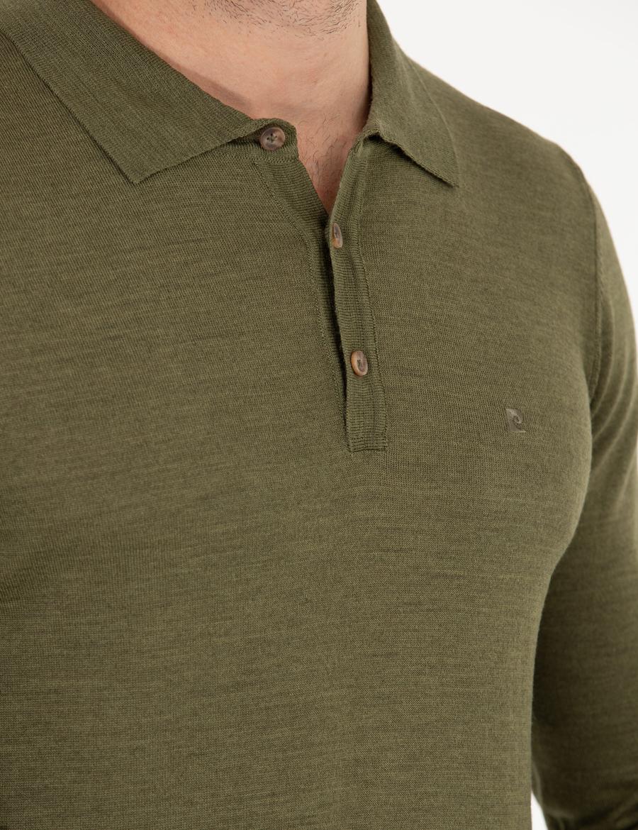 Açık Yeşil Slim Fit Polo Yaka Yün Karışımlı Basic Triko Kazak