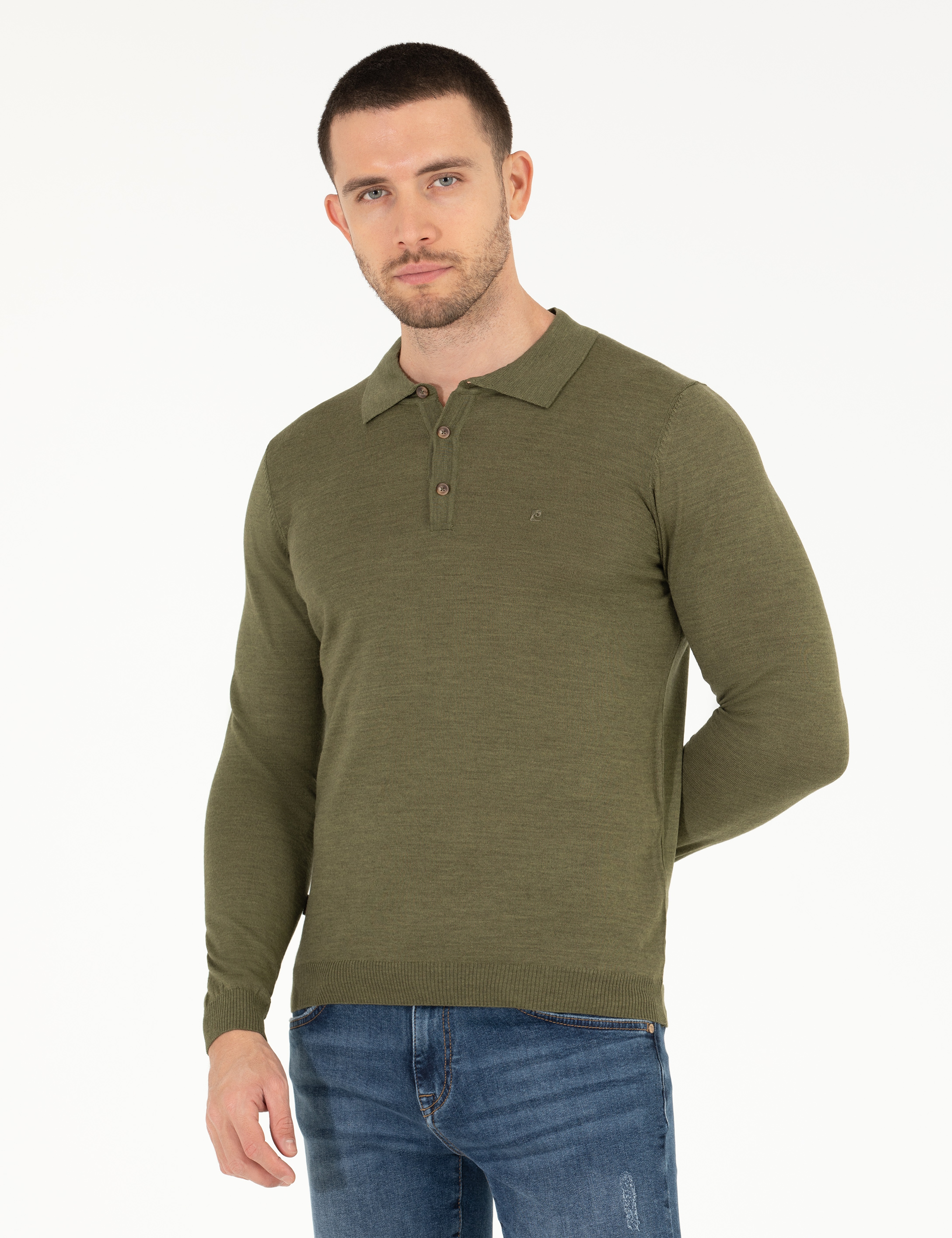 Açık Yeşil Slim Fit Polo Yaka Yün Karışımlı Basic Triko Kazak - Image 1
