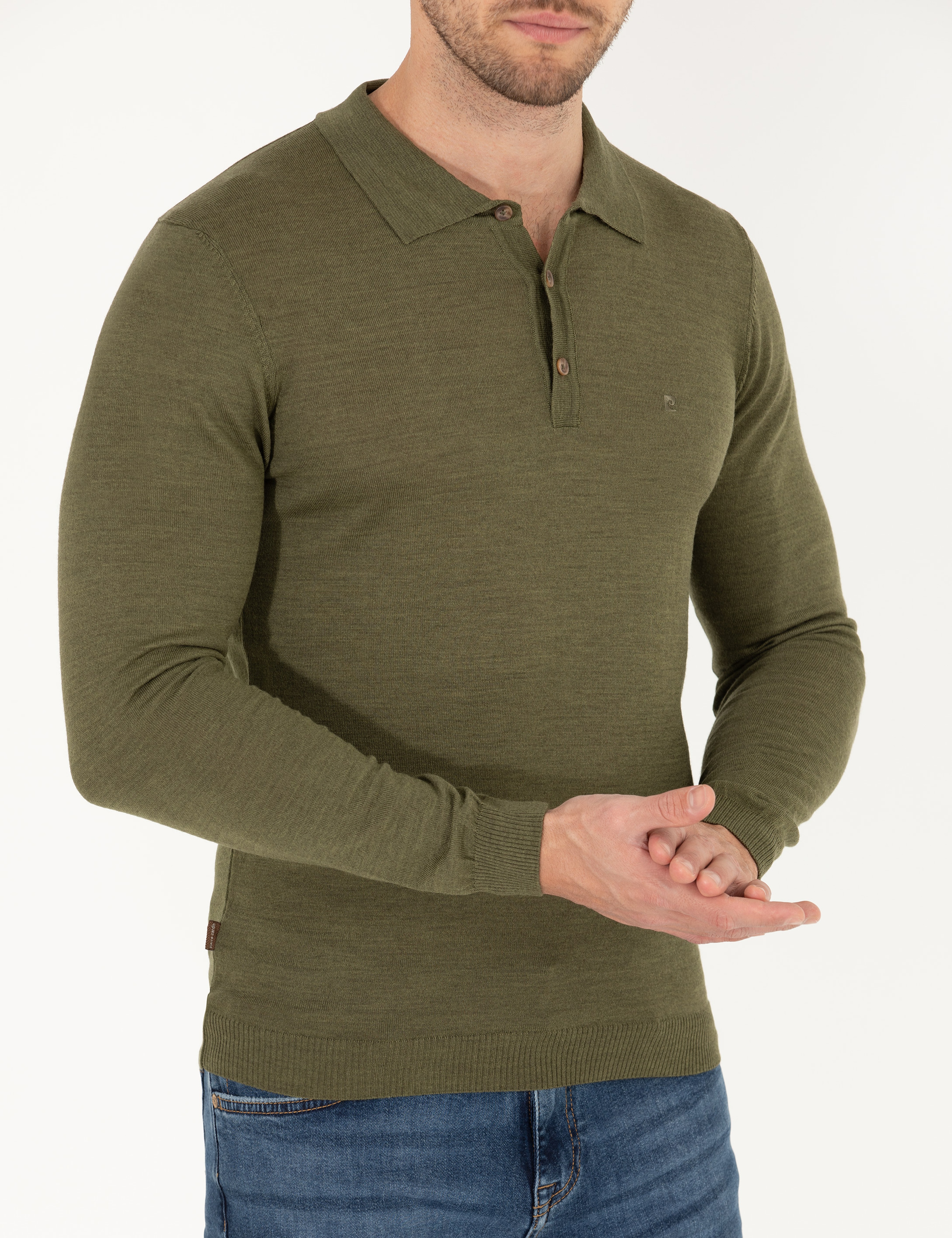 Açık Yeşil Slim Fit Polo Yaka Yün Karışımlı Basic Triko Kazak