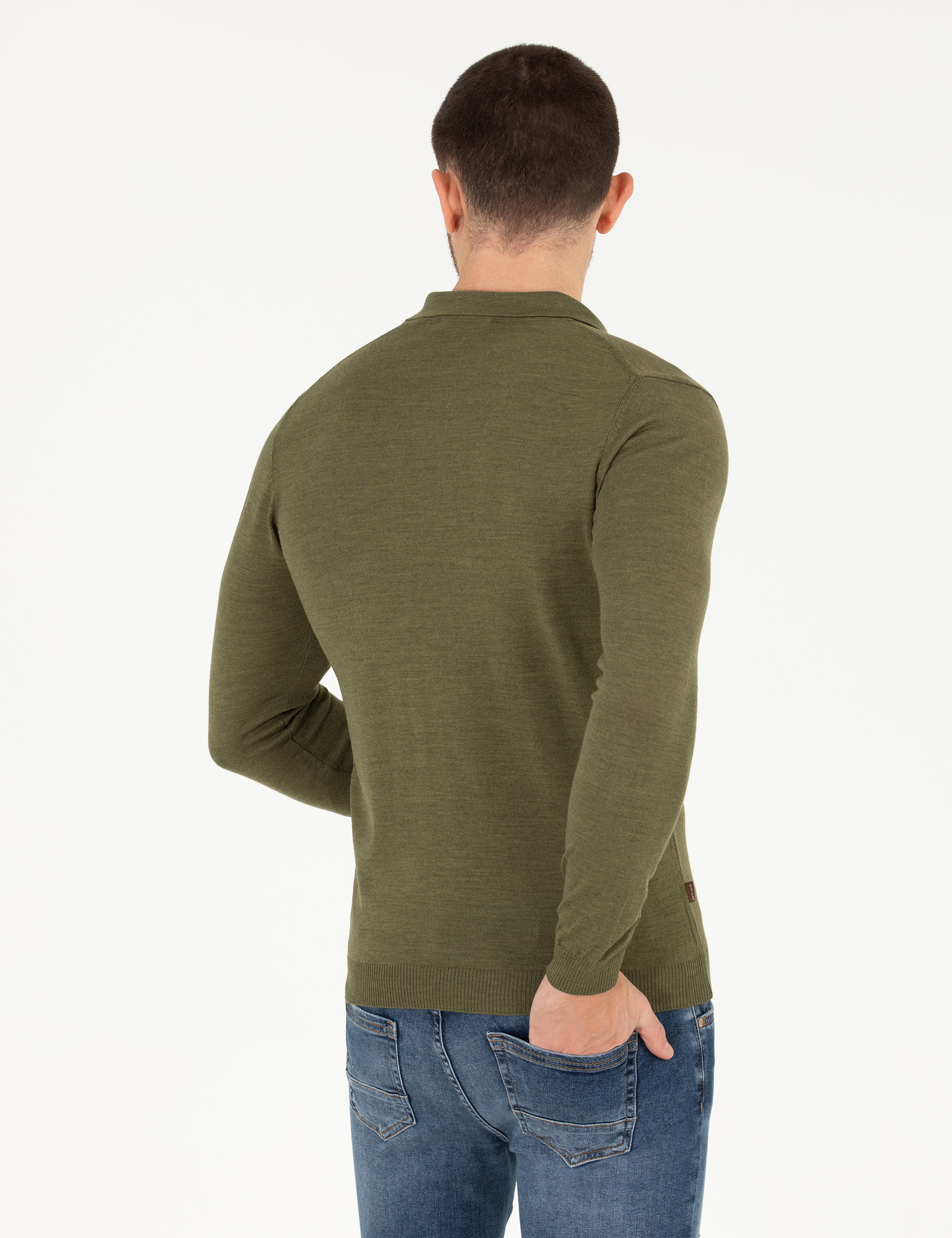 Açık Yeşil Slim Fit Polo Yaka Yün Karışımlı Basic Triko Kazak - Image 5
