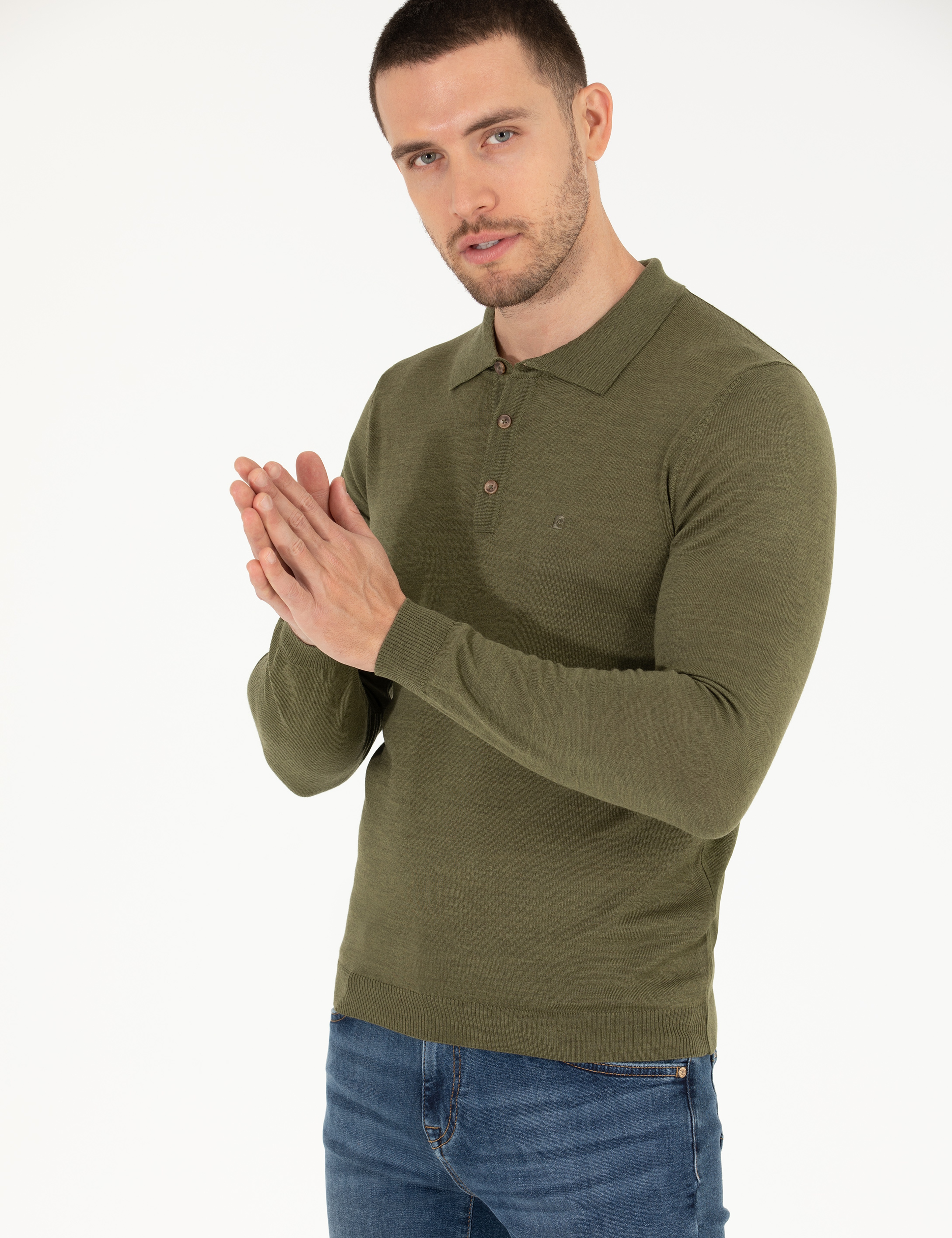 Açık Yeşil Slim Fit Polo Yaka Yün Karışımlı Basic Triko Kazak - Image 2
