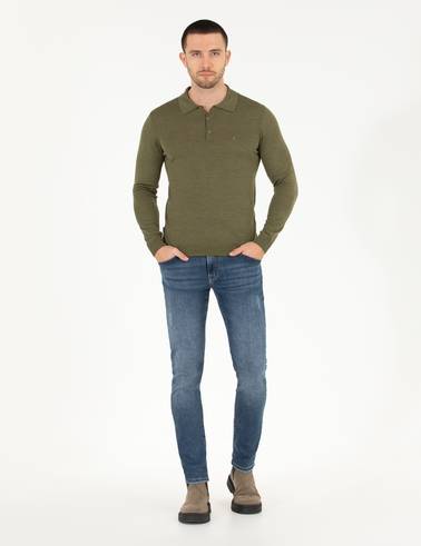 Açık Yeşil Slim Fit Polo Yaka Yün Karışımlı Basic Triko Kazak