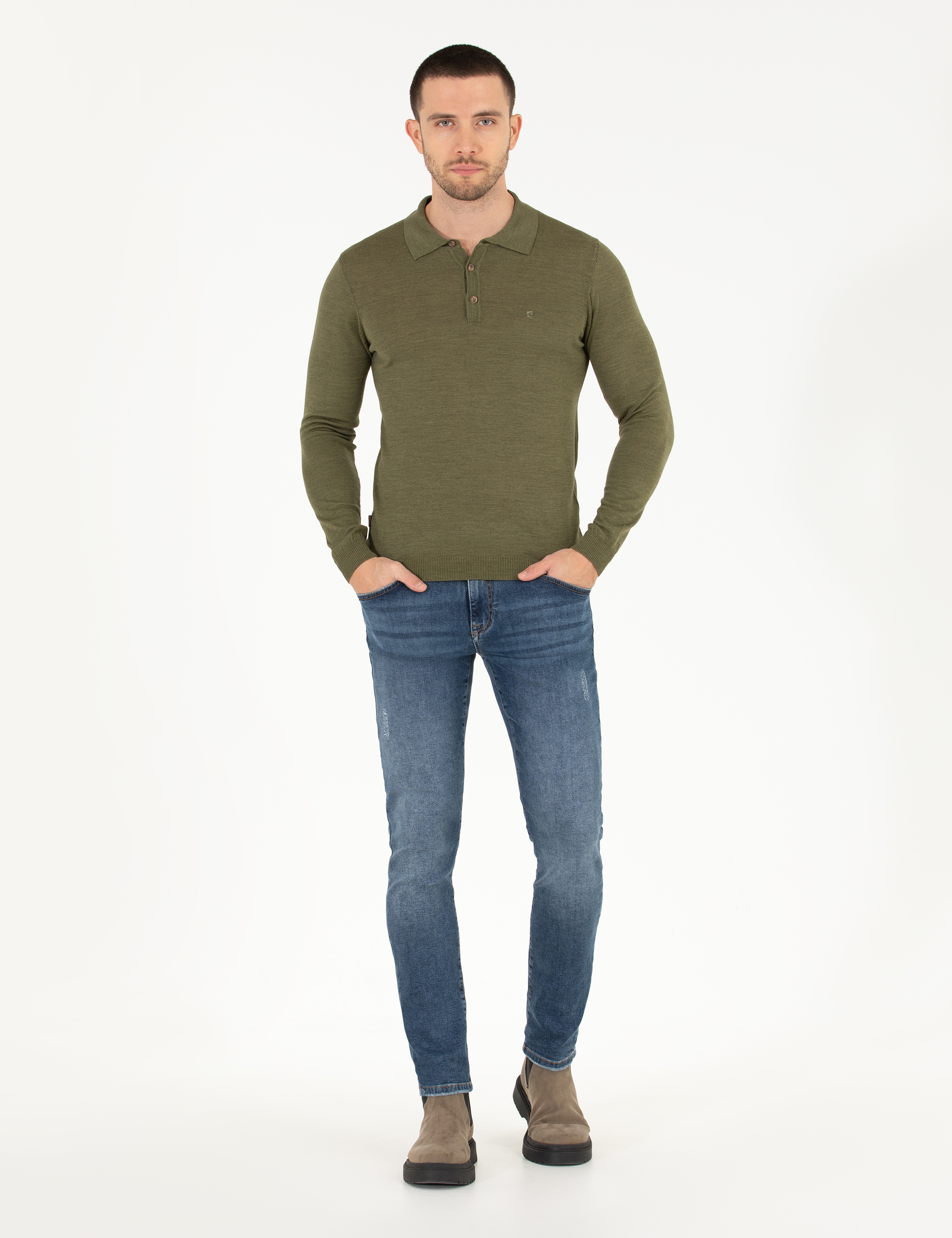 Açık Yeşil Slim Fit Polo Yaka Yün Karışımlı Basic Triko Kazak - Image 4