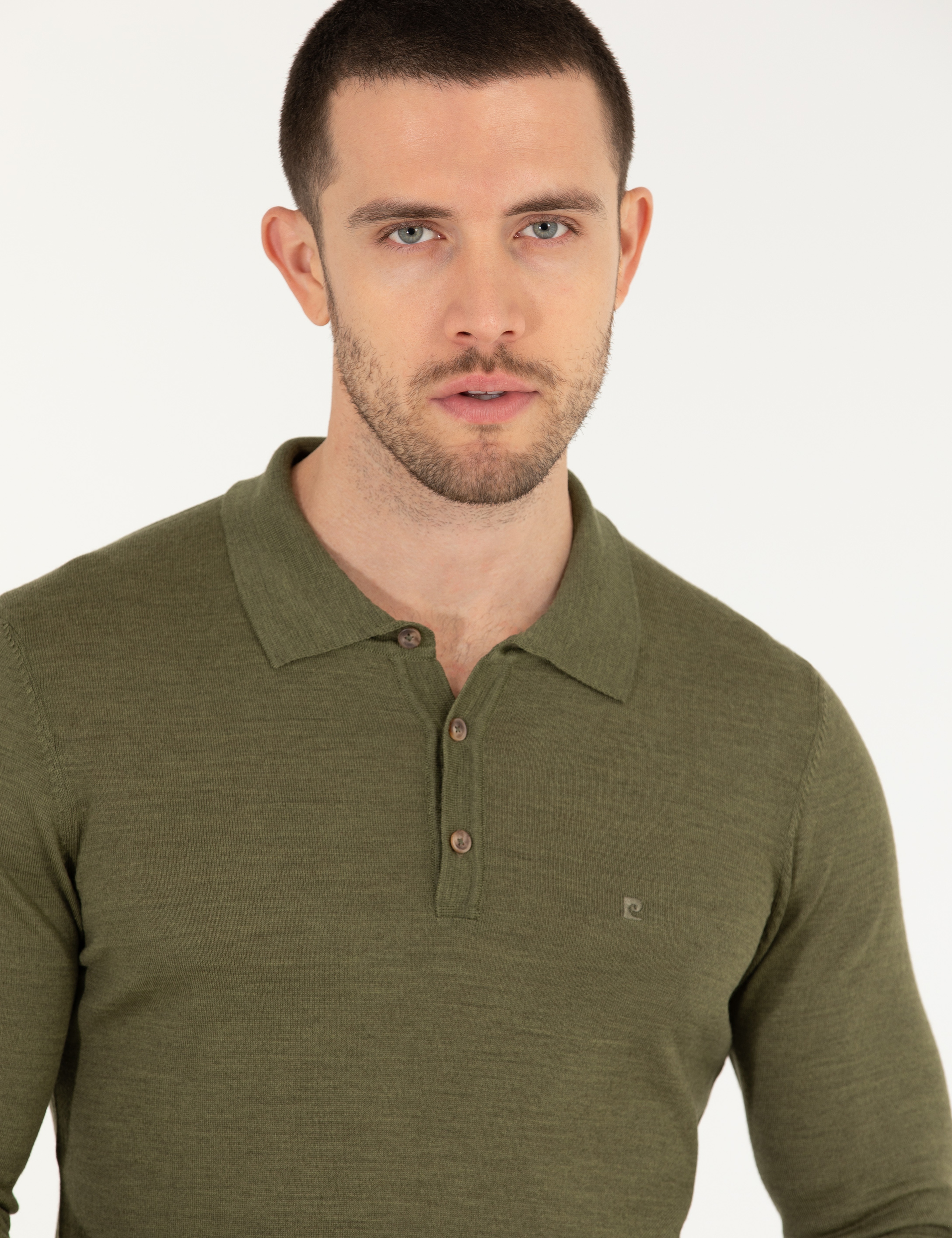 Açık Yeşil Slim Fit Polo Yaka Yün Karışımlı Basic Triko Kazak - Image 3