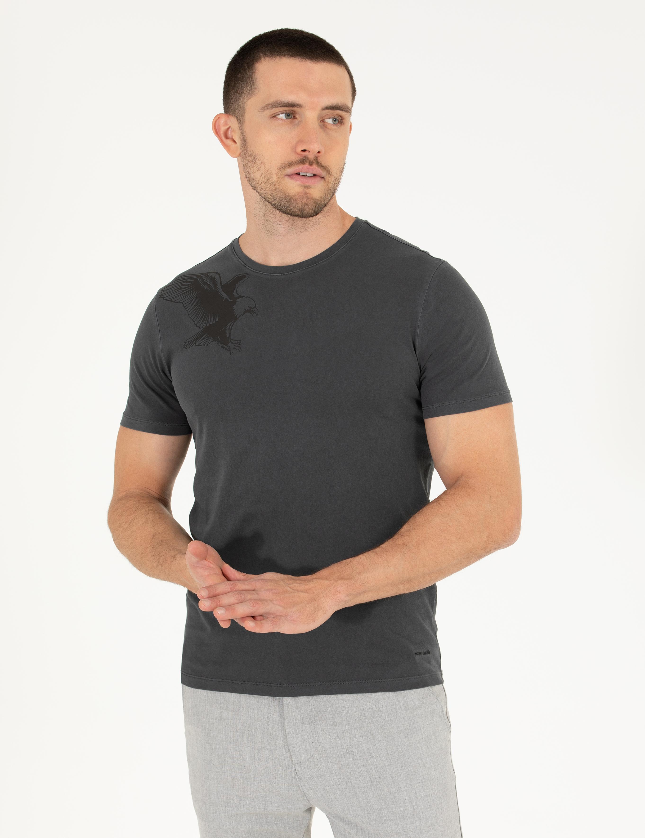 Siyah Slim Fit Kartal Baskılı Bisiklet Yaka Tişört