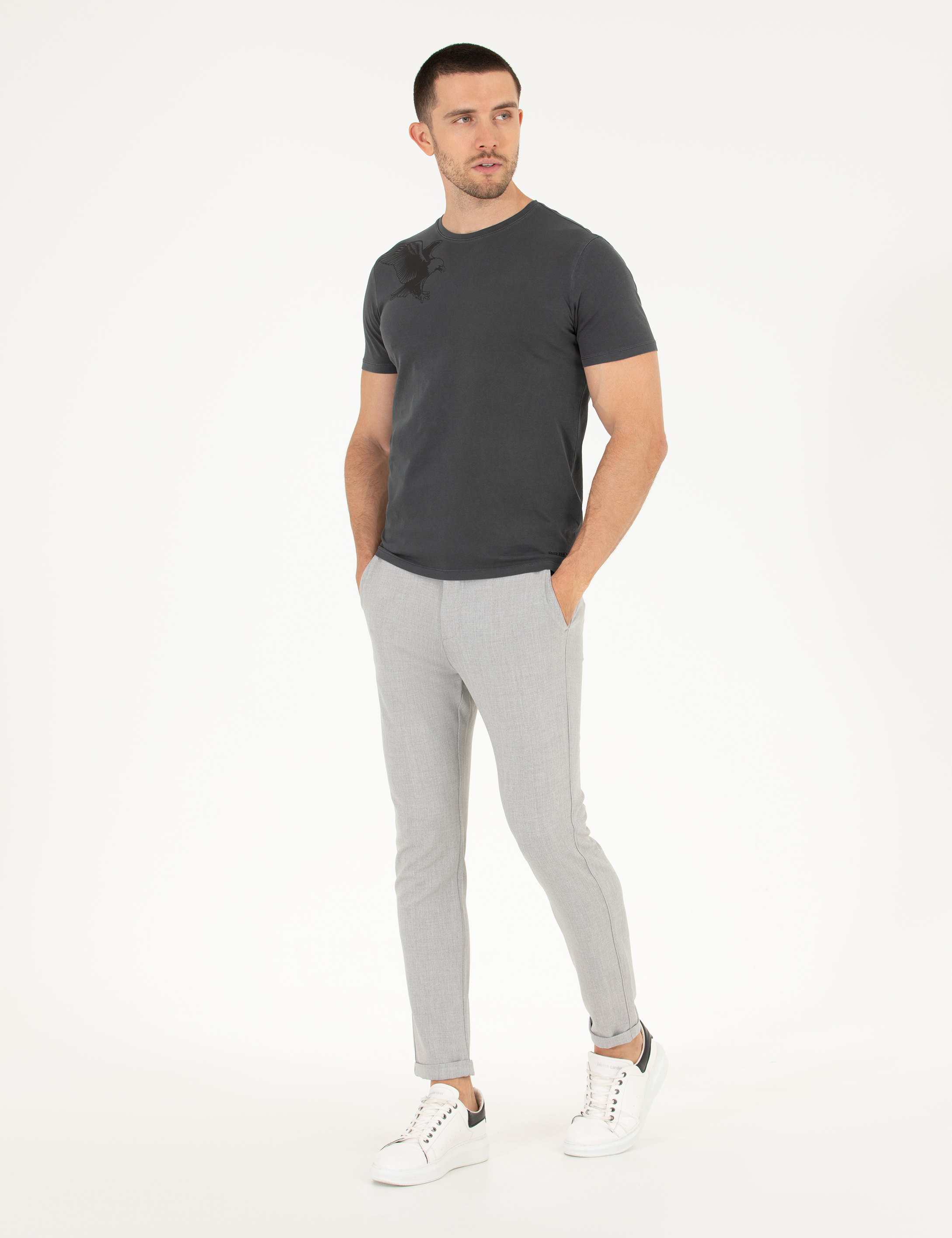 Siyah Slim Fit Kartal Baskılı Bisiklet Yaka Tişört - Image 4